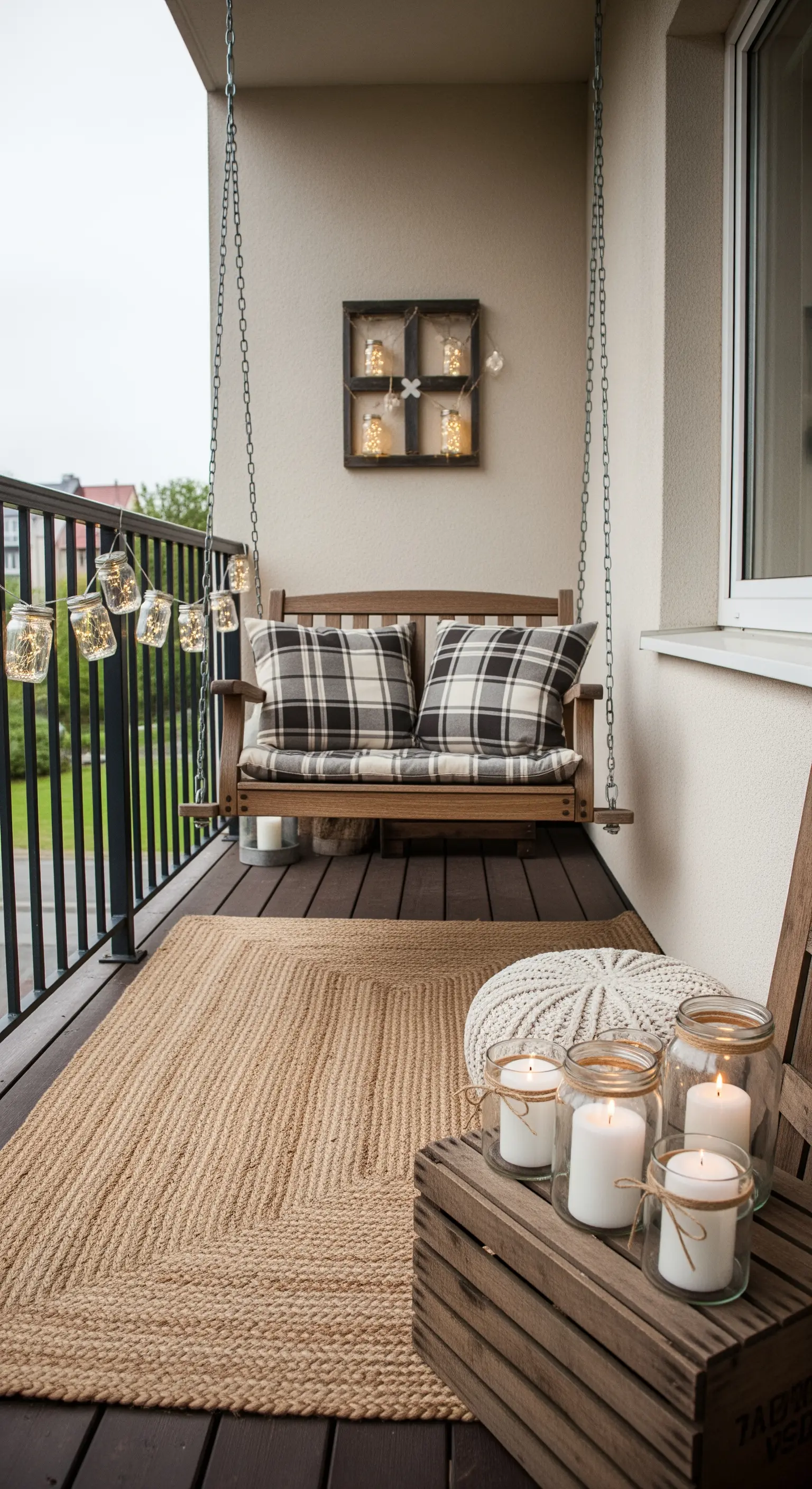 Balcone rustico con panca a dondolo e lucine a LED dentro barattoli di vetro.