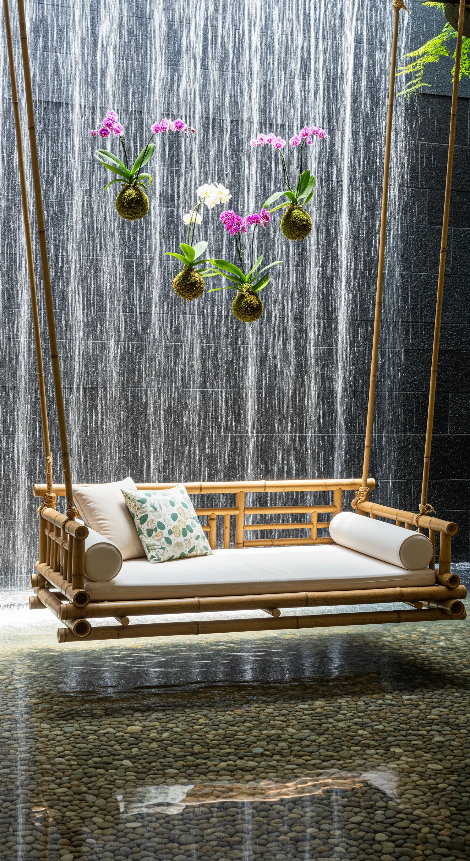 Altalena in bambù con cuscini bianchi davanti a una parete d'acqua e orchidee sospese.