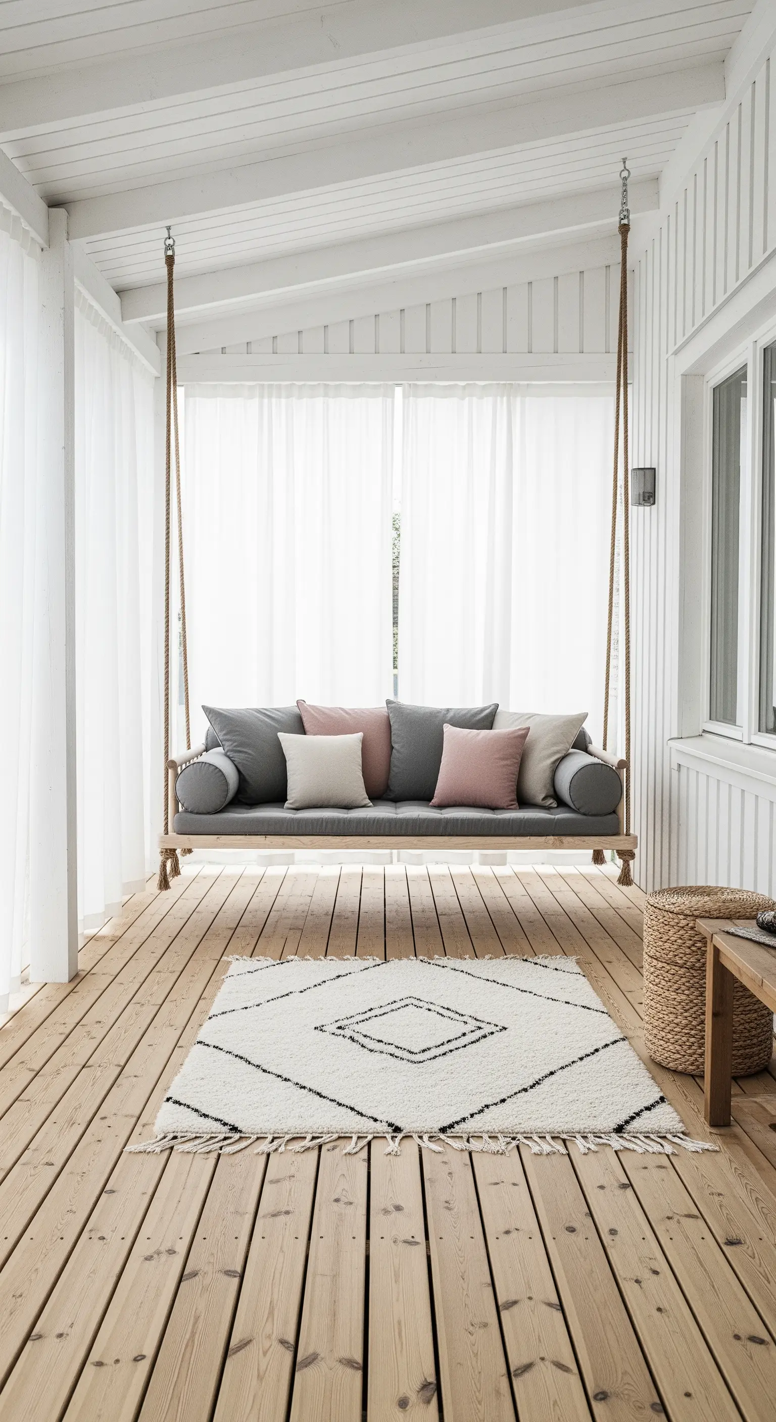Veranda in stile nordico con divano a dondolo sospeso, tappeto berbero e cuscini grigi e rosa.
