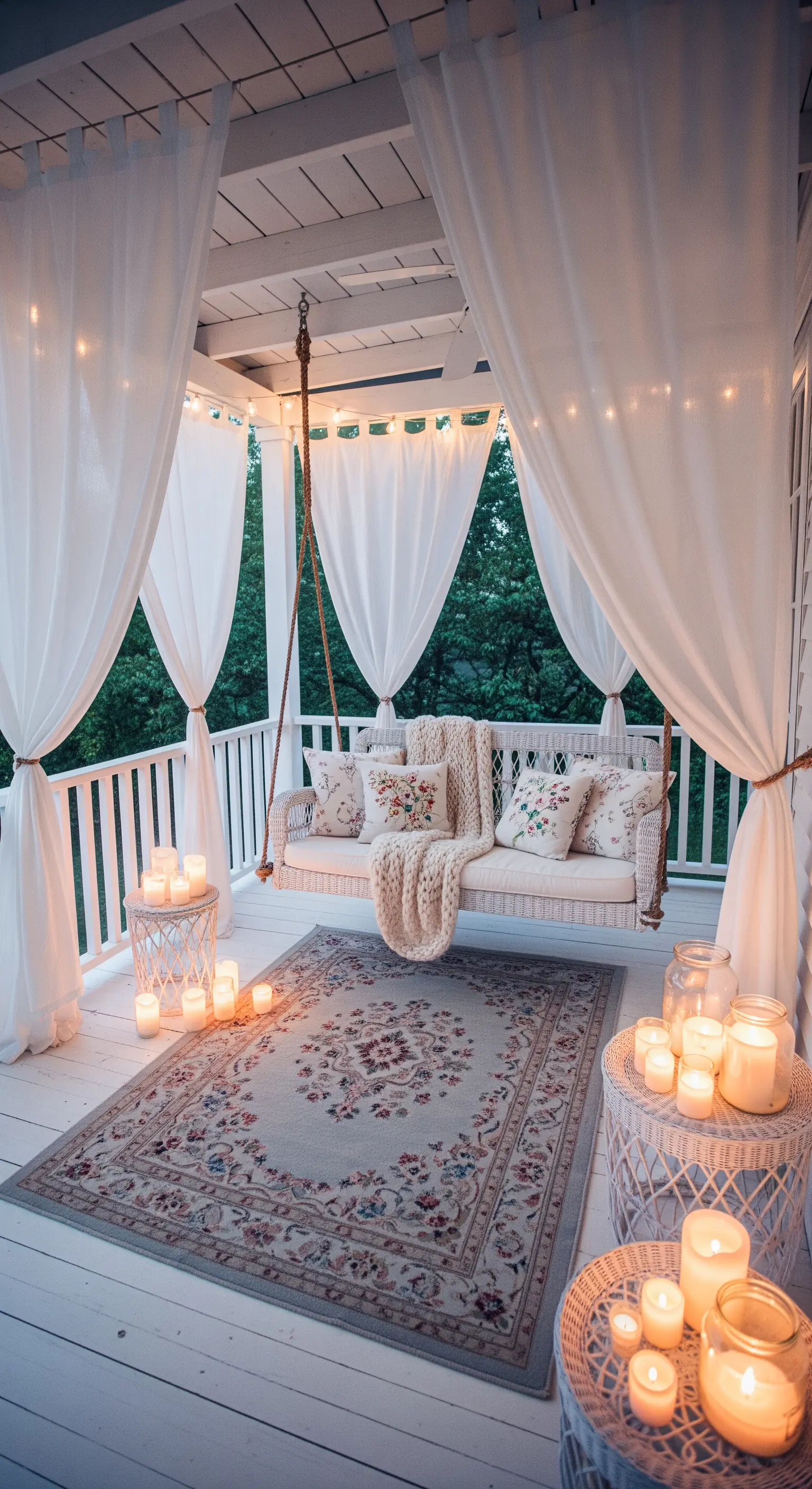 Dondolo bianco su un portico, circondato da tende bianche, un tappeto floreale e candele.