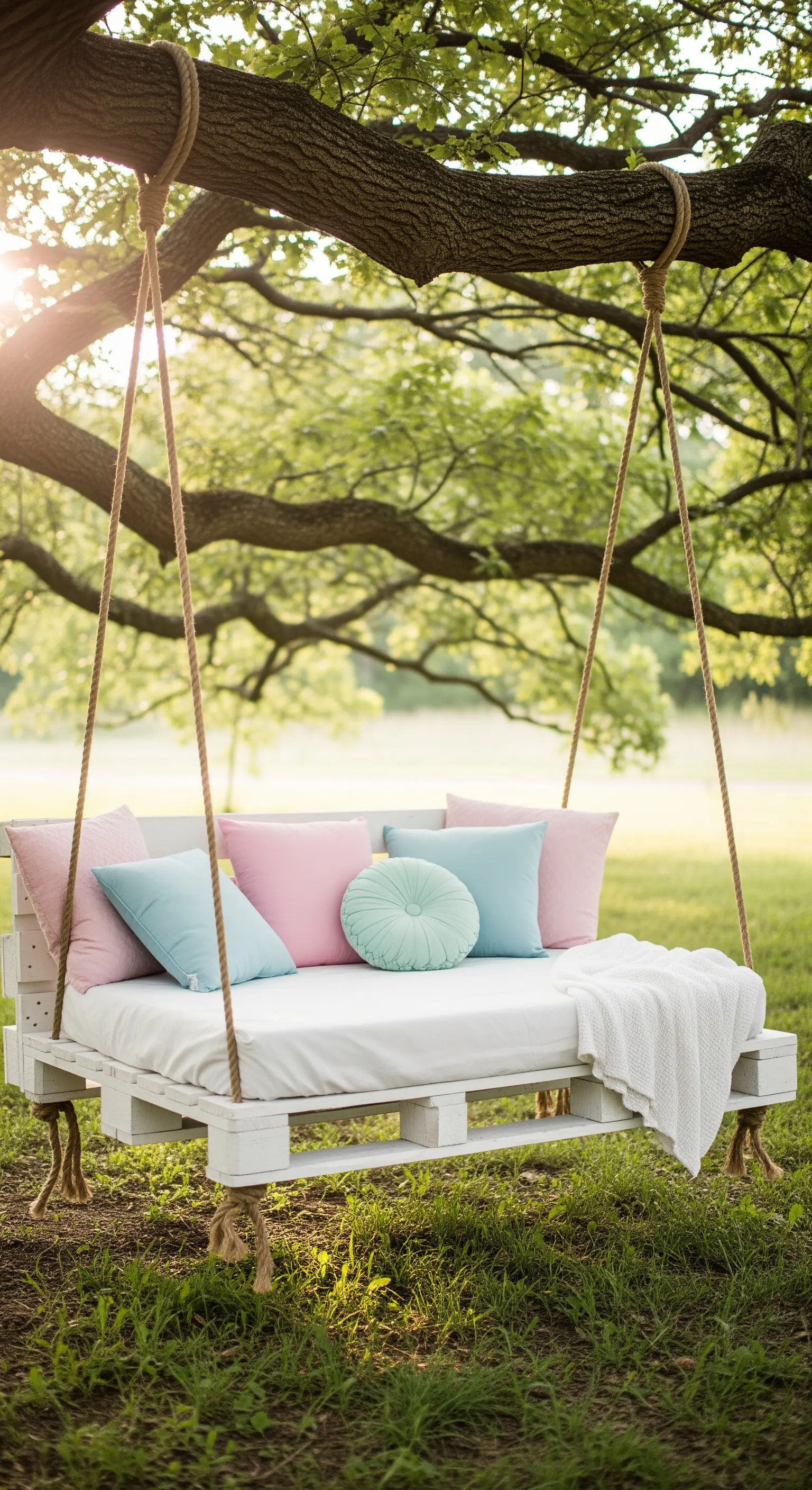 Letto a dondolo sospeso a un albero, realizzato con pallet bianchi e cuscini pastello