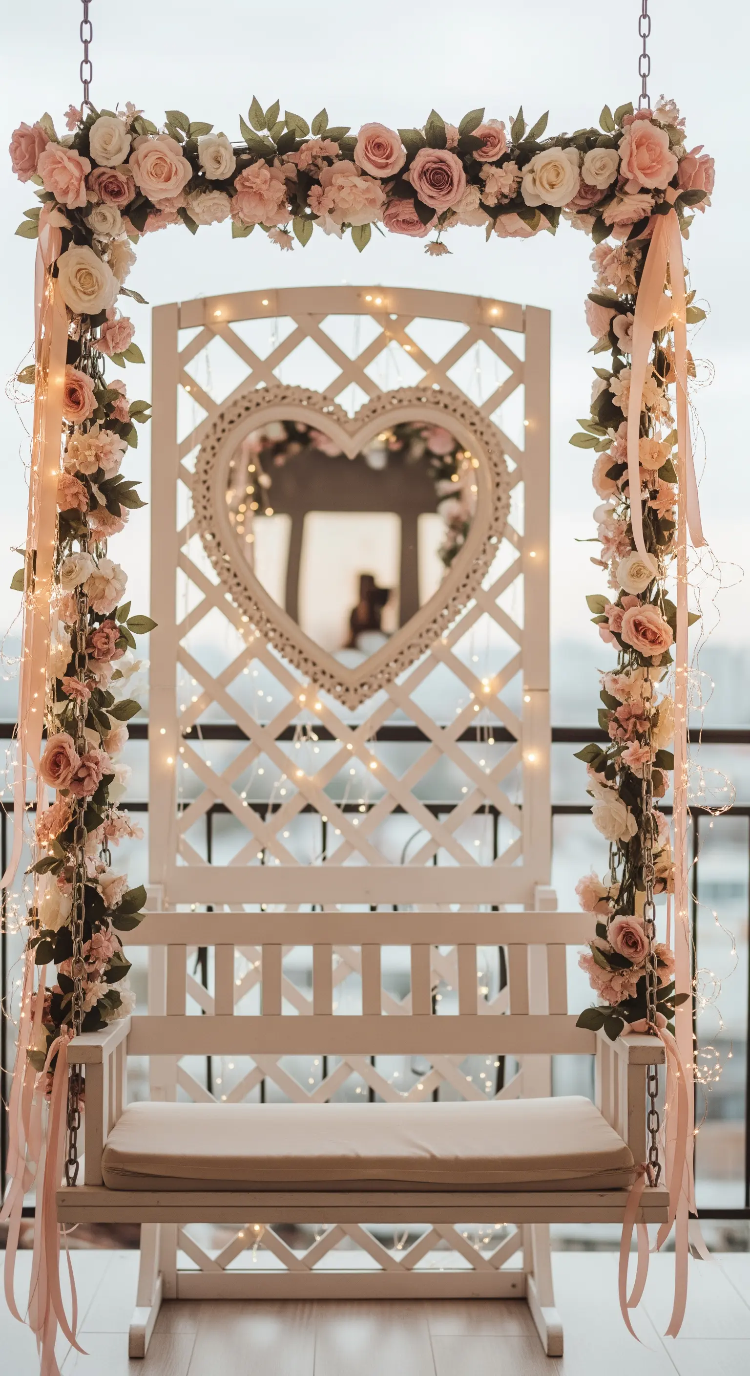 Dondolo bianco decorato con ghirlande di rose e lucine, con uno specchio a cuore.