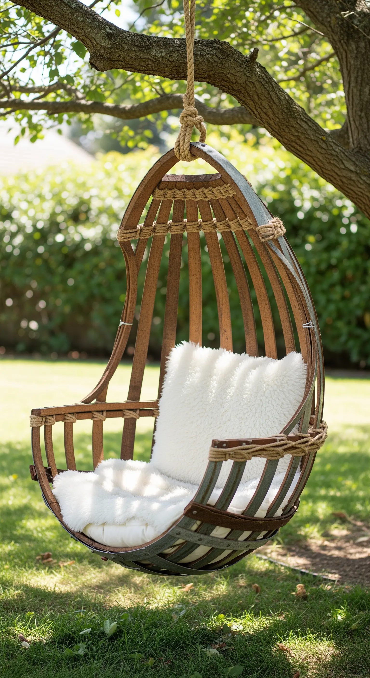 Sedia a dondolo sospesa, a forma di uovo, costruita con le doghe di una botte di vino.