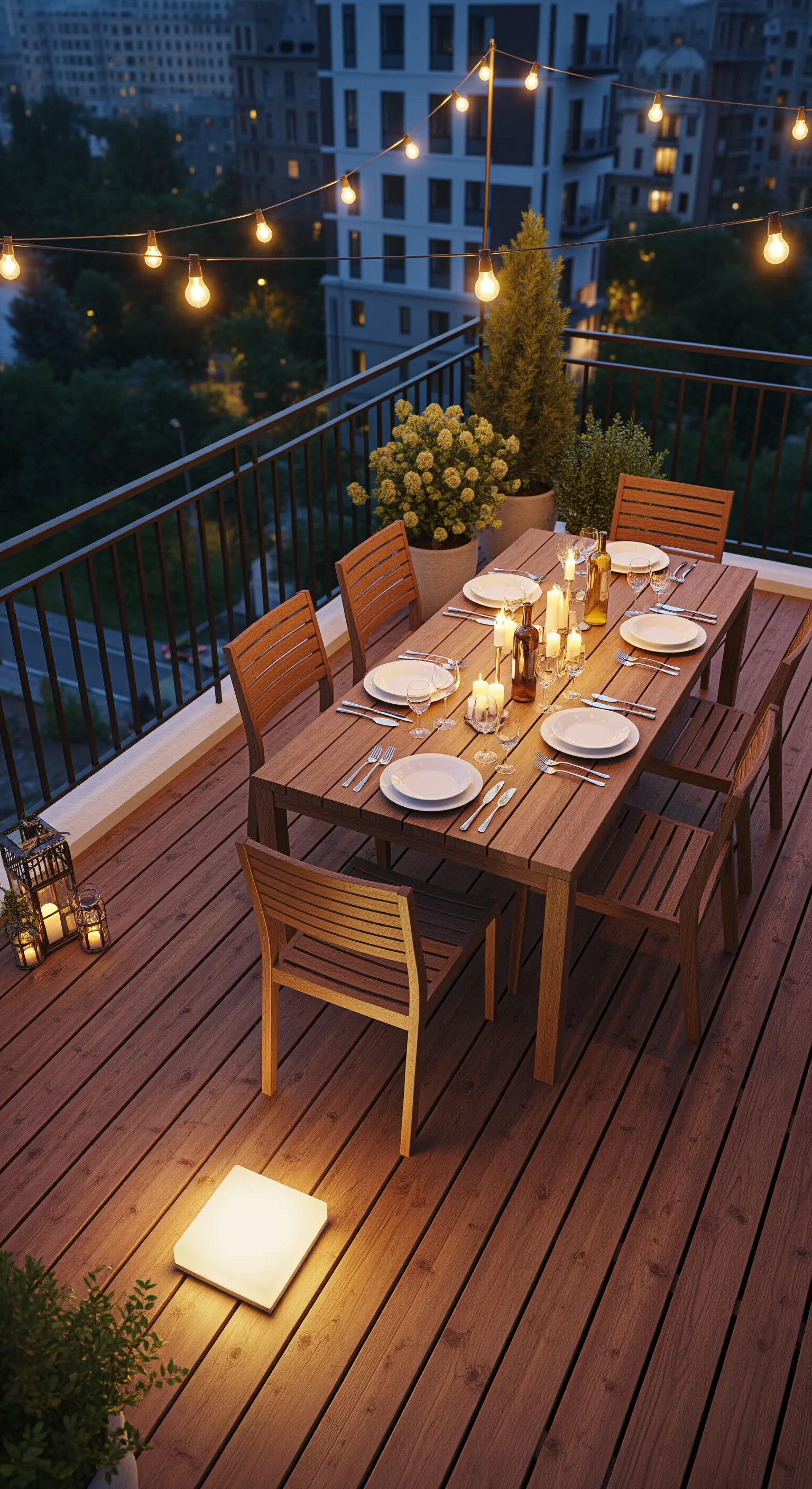 Terrazza con tavolo da pranzo in legno, catenaria di luci e una lampada a cubo a terra