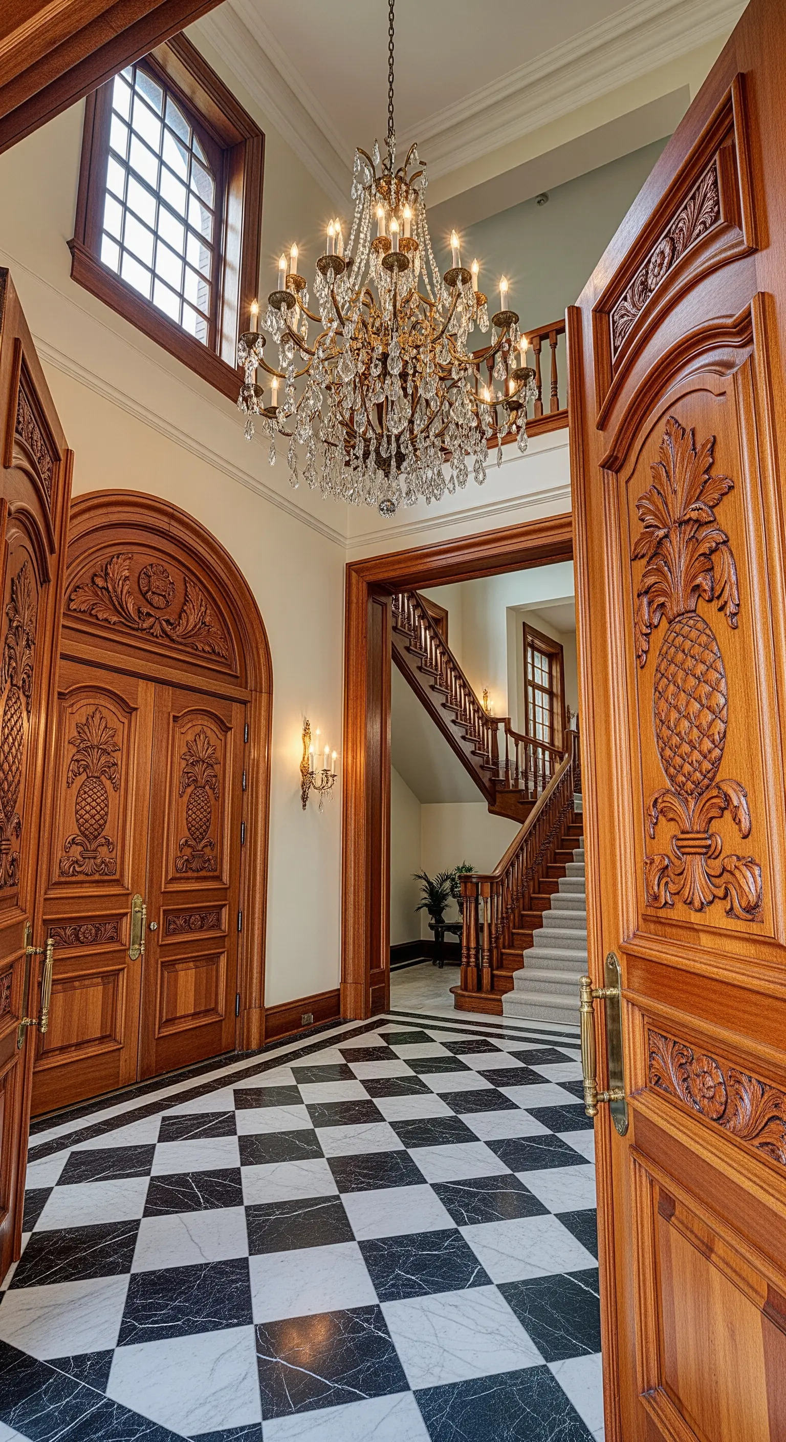 Ampio ingresso con pavimento a scacchiera, porte in legno intagliato e un grande lampadario di cristallo.