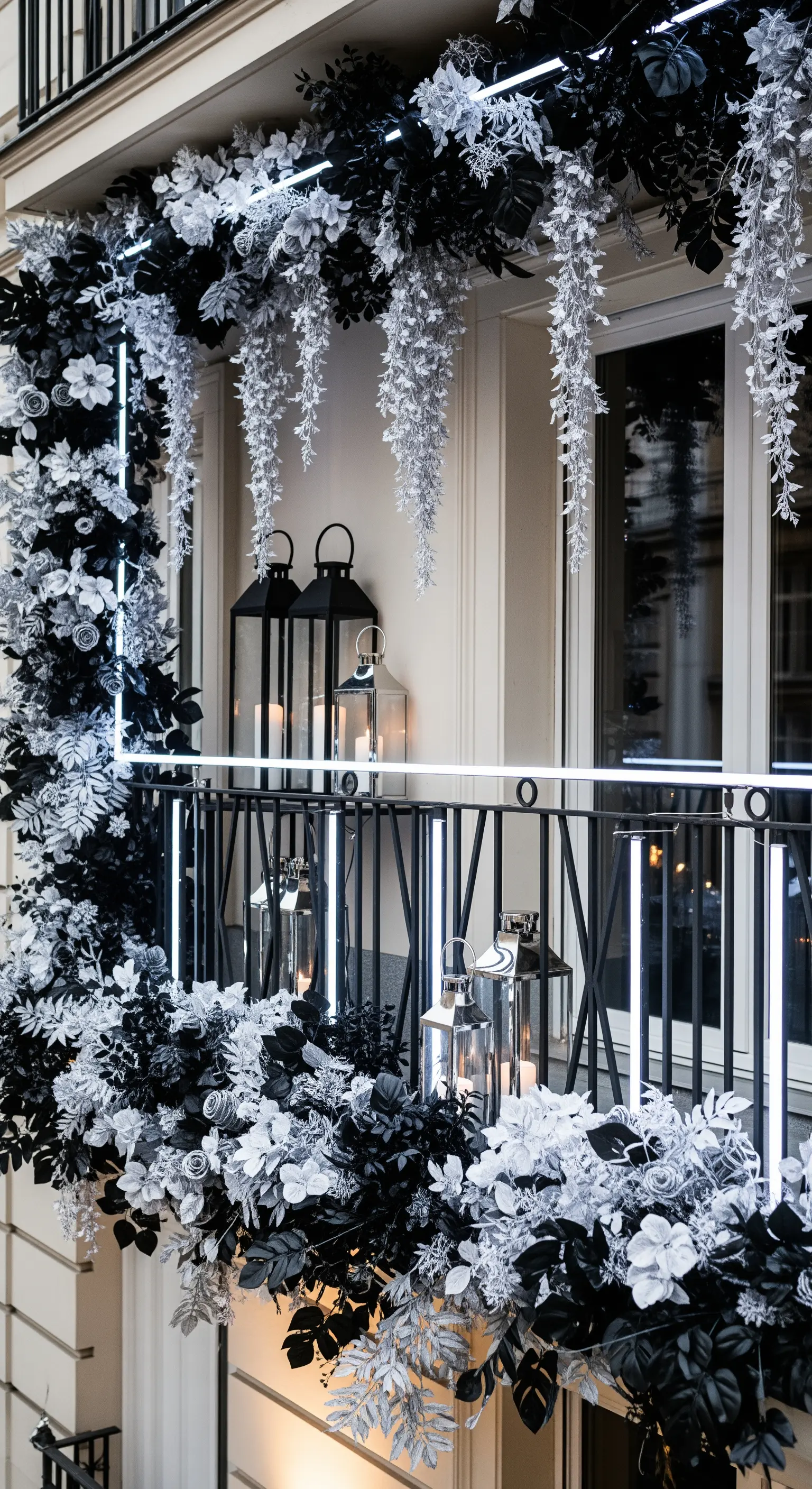 Balcone con un'opulenta decorazione floreale in bianco e nero, incorniciata da una linea di luce a LED