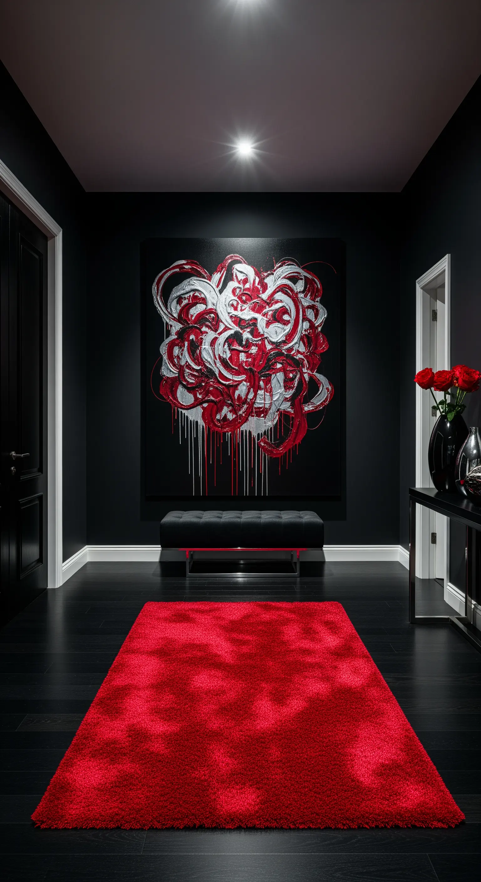 Ingresso total black con quadro astratto rosso e argento e un tappeto rosso brillante.