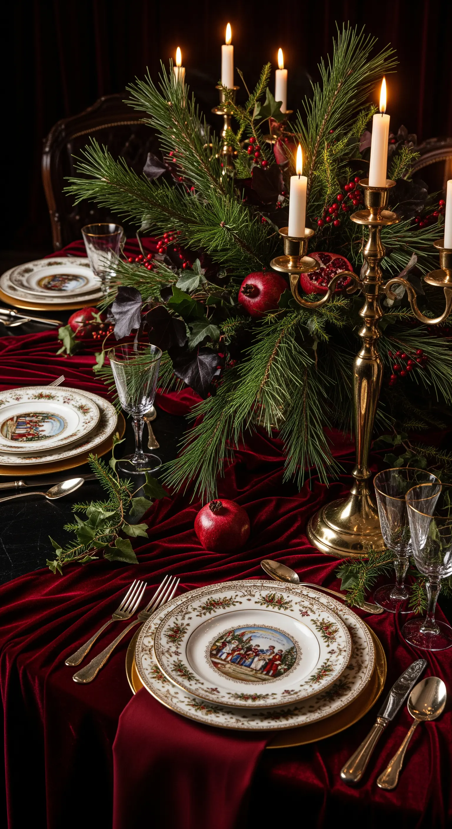 Tavola di Natale con tovaglia in velluto rosso, candelabro in ottone e piatti decorati.