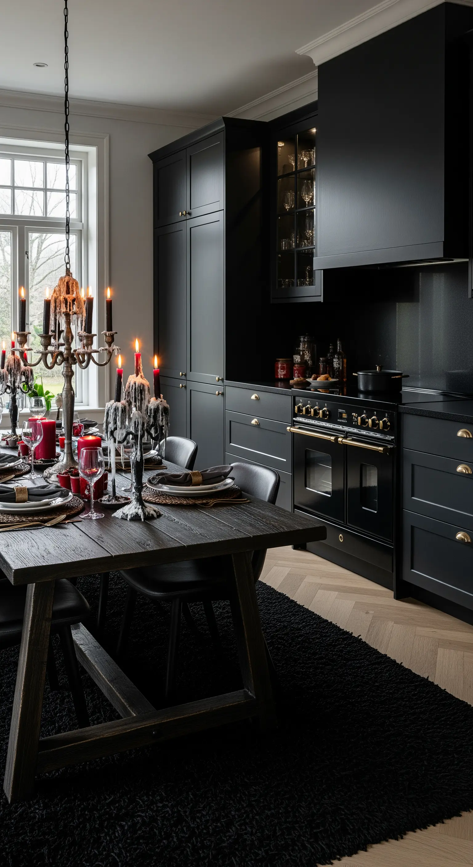 Cucina total black con tavolo in legno scuro, tappeto nero e candelabri gotici con candele rosse.