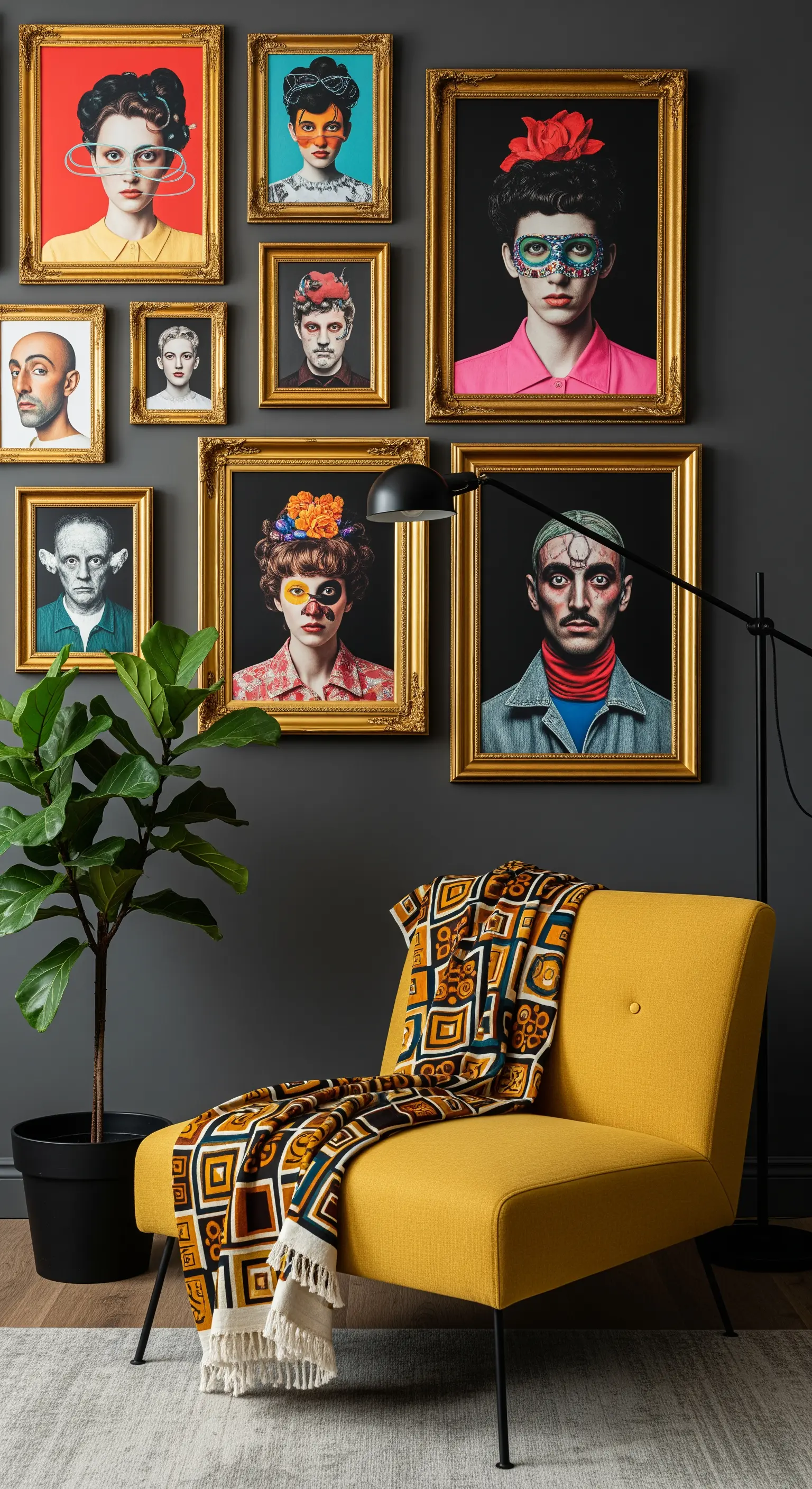 Poltrona gialla davanti a una parete grigio scuro con una galleria di ritratti surreali in cornici dorate.