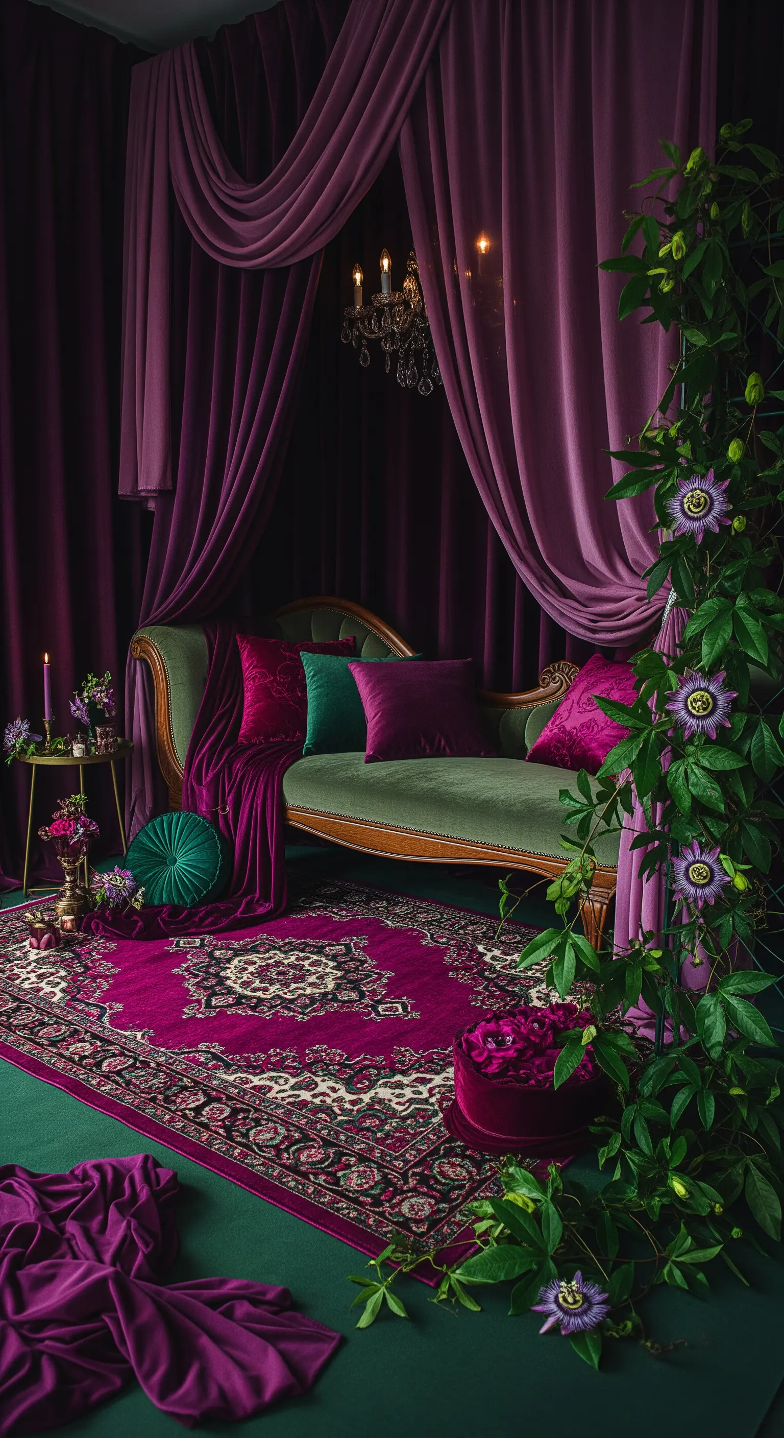Salotto d'ispirazione bohémien con tende in velluto color prugna e divano verde.