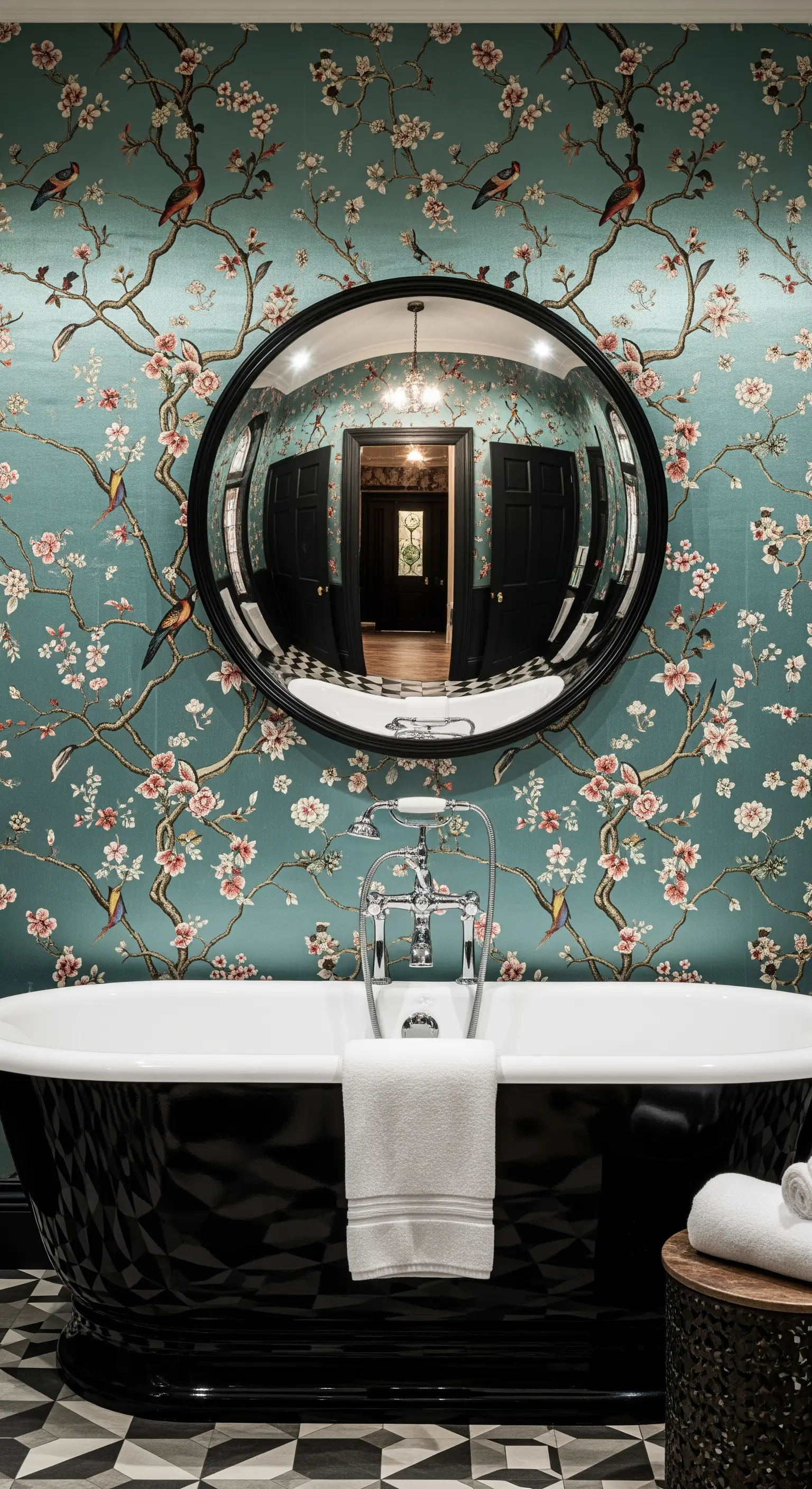 Bagno con carta da parati Chinoiserie, vasca nera e specchio convesso.