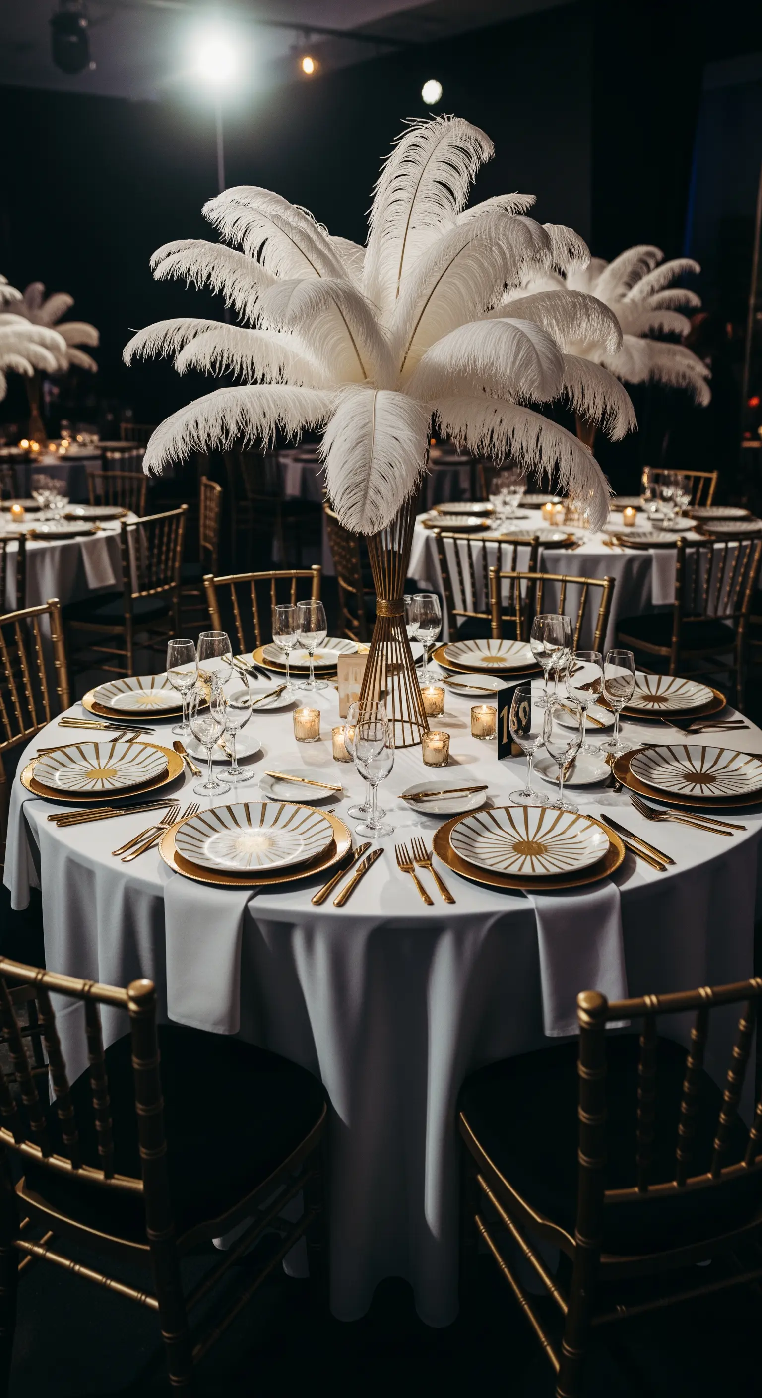 Tavola rotonda in stile Grande Gatsby con centrotavola di piume bianche e dettagli dorati.