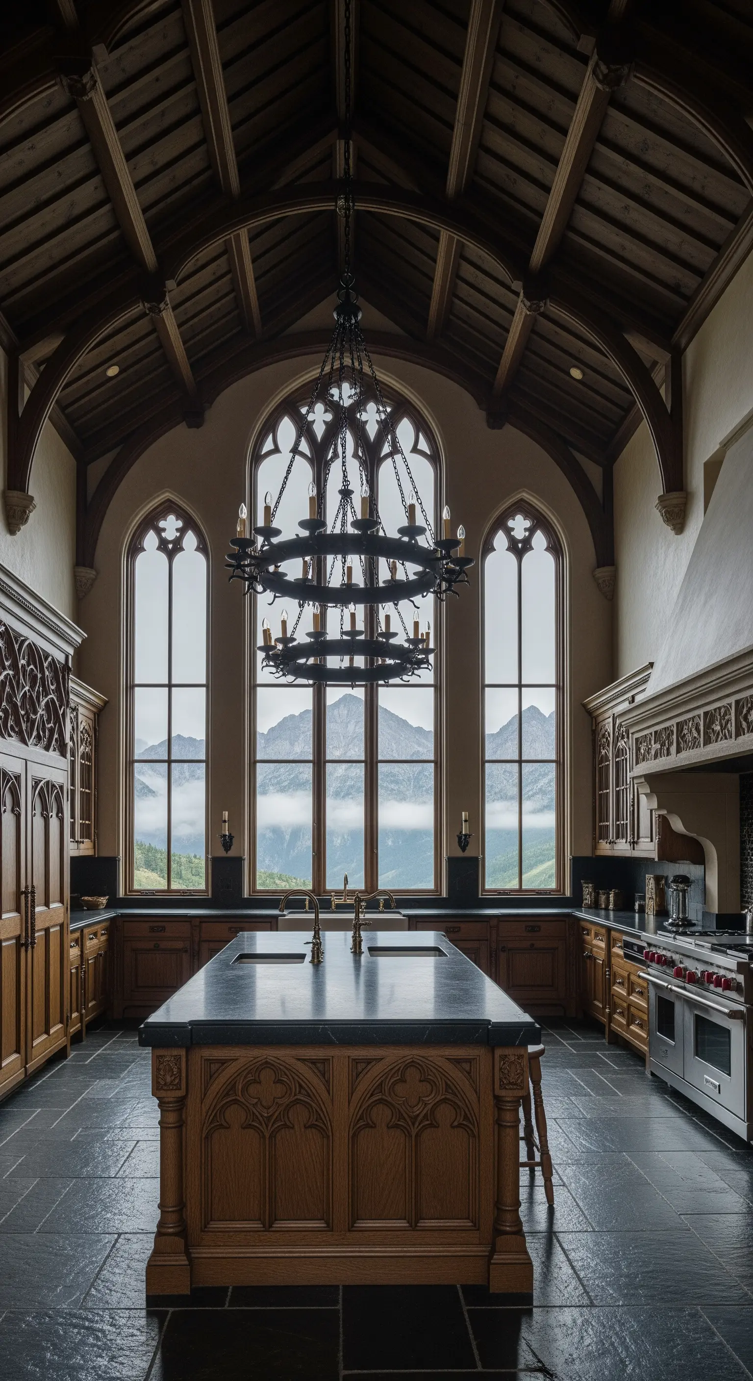 Cucina in stile gotico con soffitto a volta, finestre ad arco e lampadario in ferro massiccio