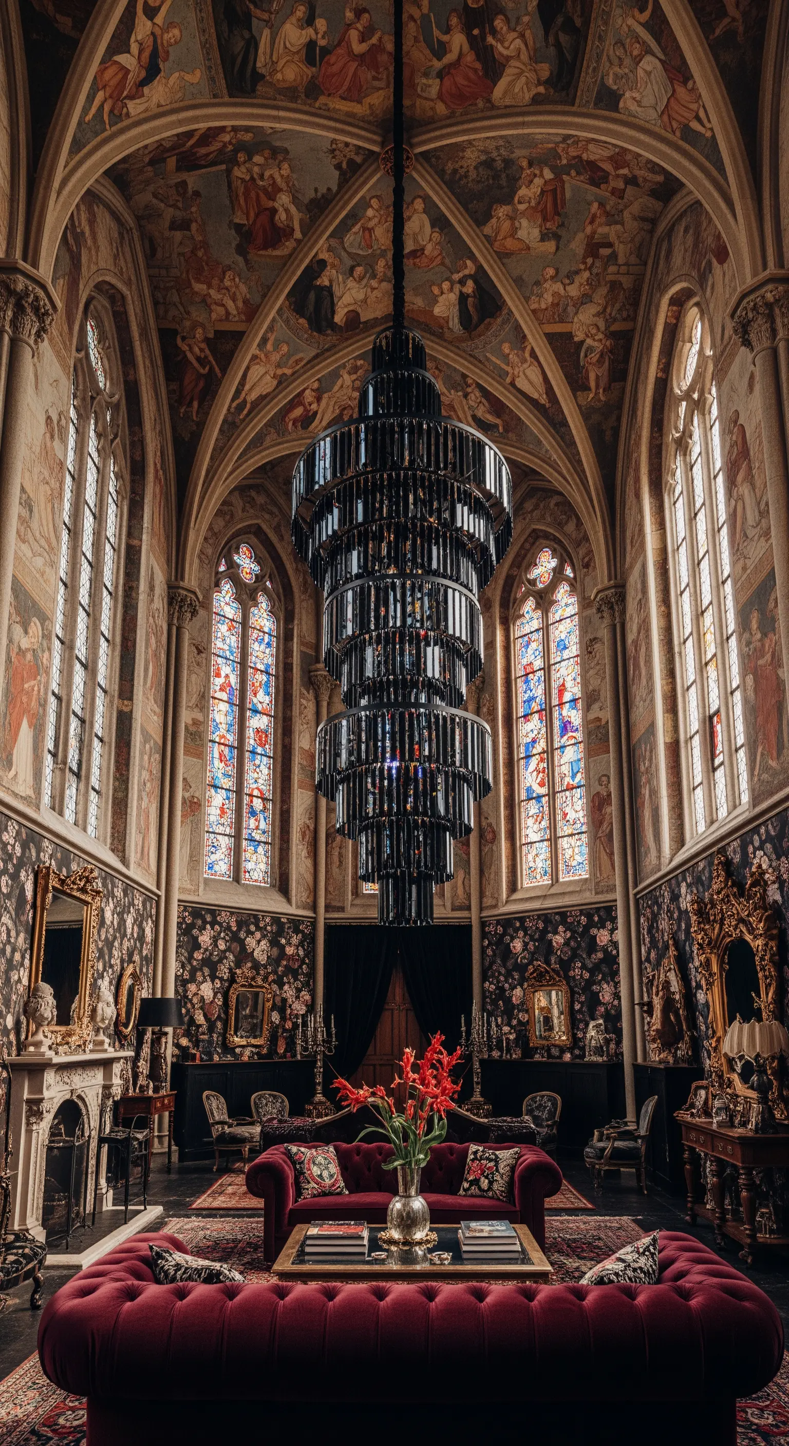 Interno di una cappella trasformata in living con affreschi e un lampadario nero a più livelli.