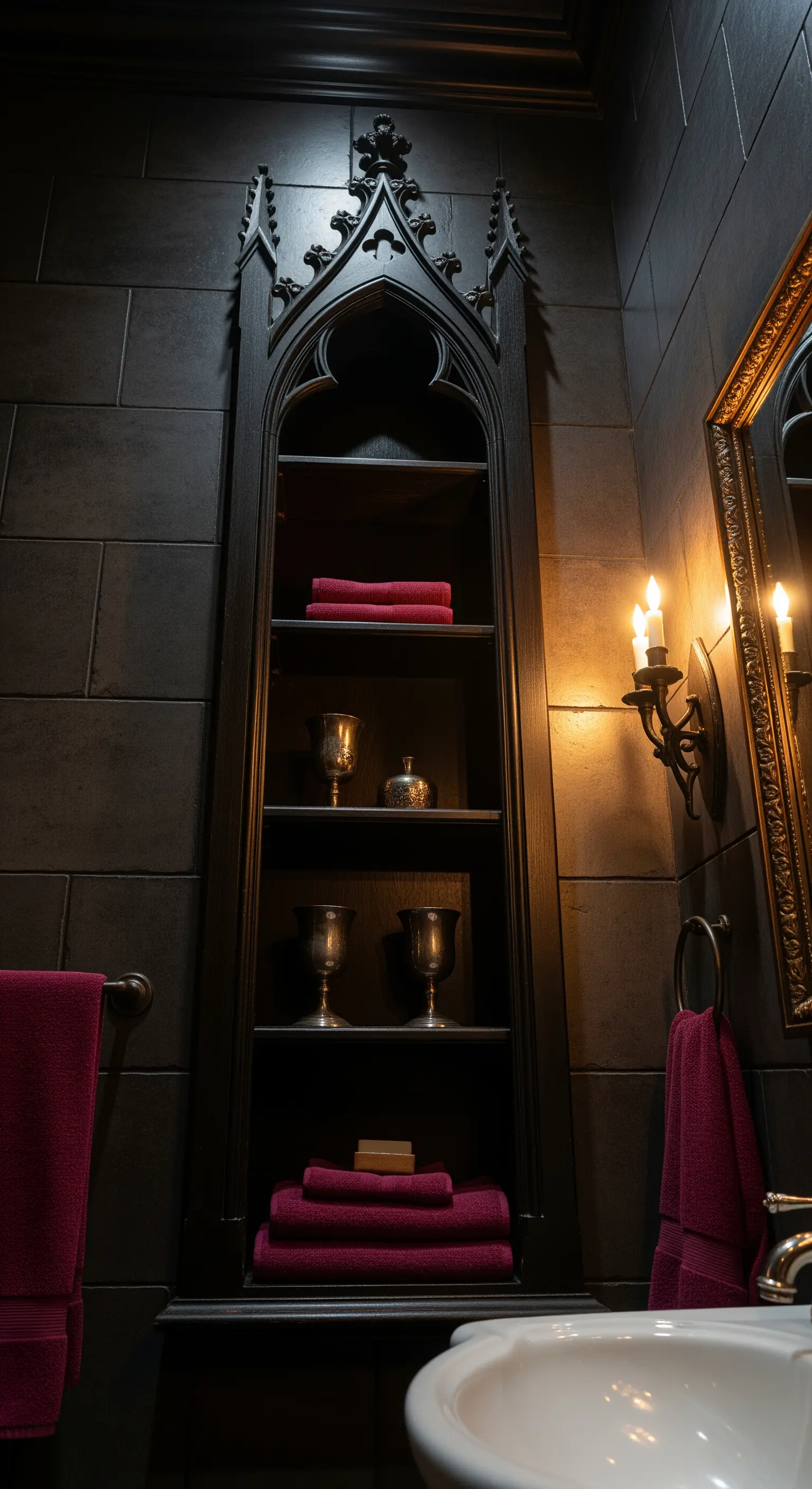 Nicchia a incasso in stile gotico con arco a sesto acuto in un bagno scuro con candele.