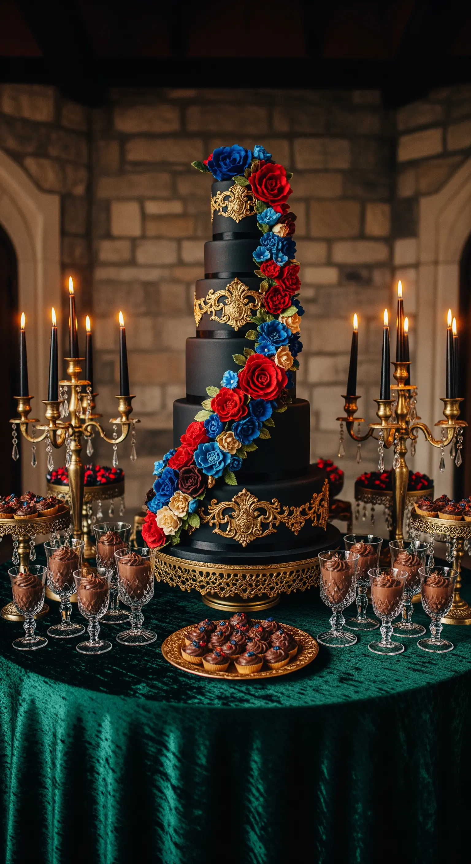 Torta nuziale nera a più piani con rose rosse e blu e decorazioni dorate barocche.
