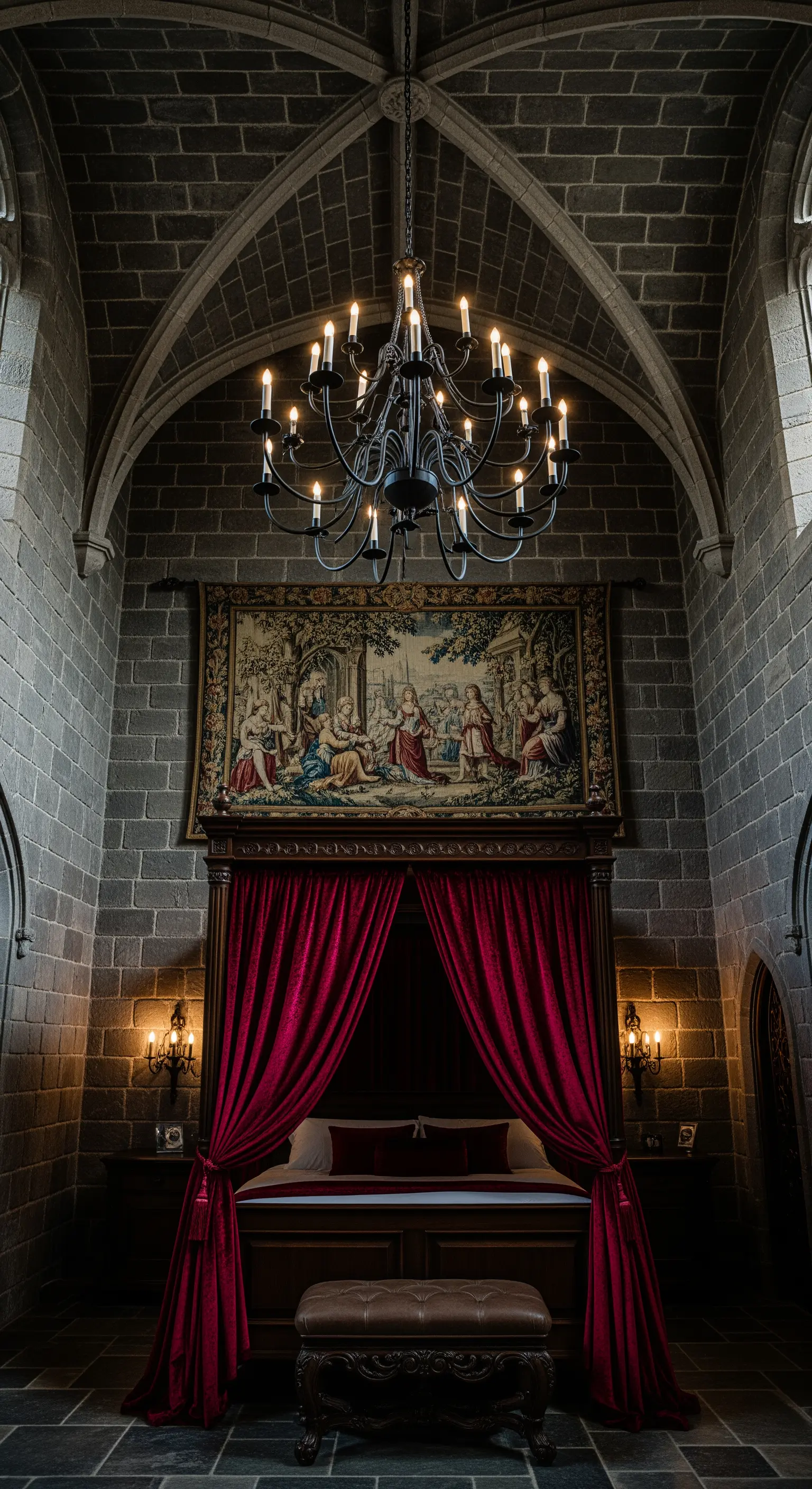 Lampadario in ferro battuto in stile medievale in una camera da letto in pietra con letto a baldacchino.