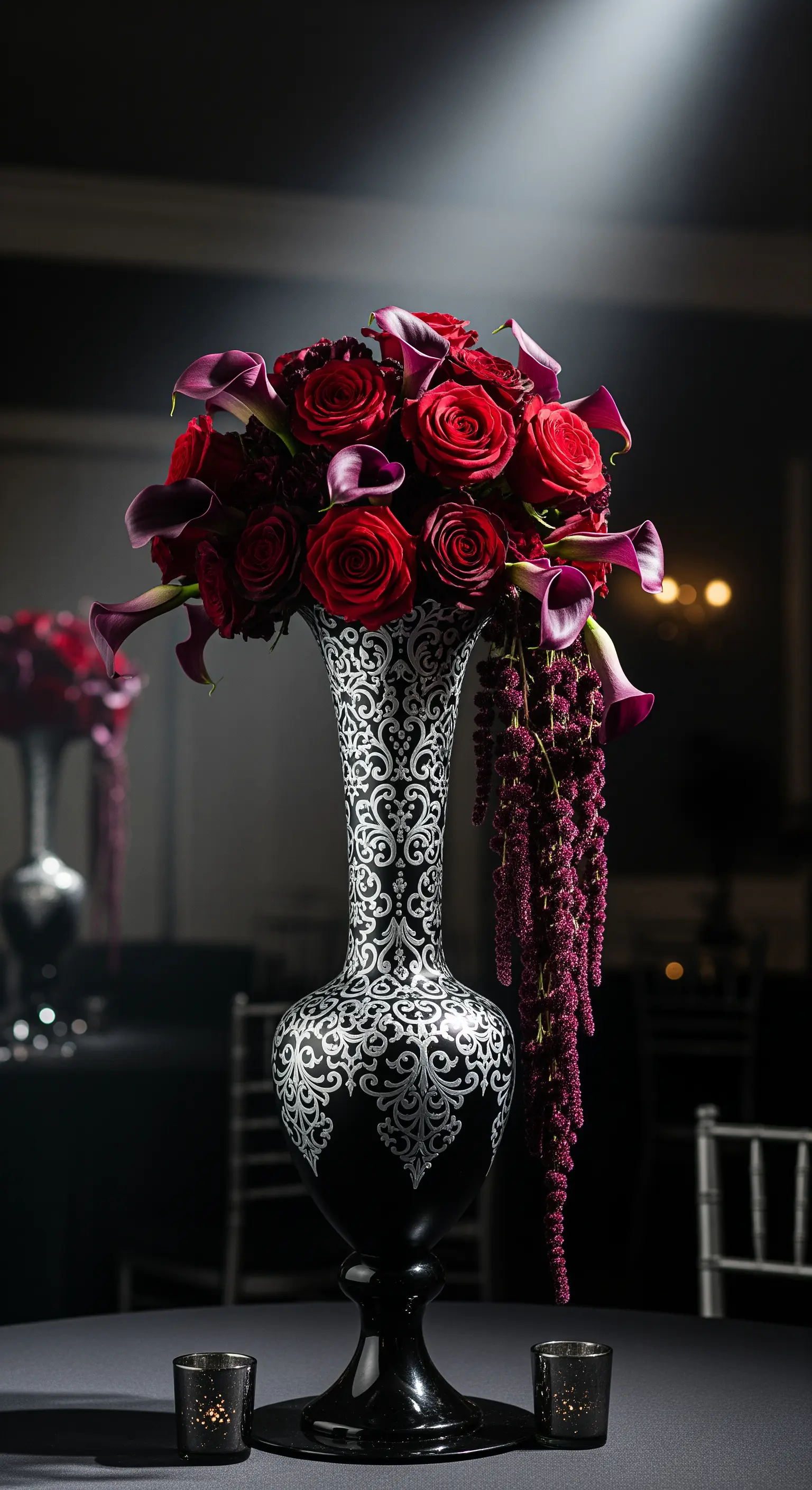 Vaso nero alto con decorazioni argentate, riempito con un bouquet di rose rosse e calle.