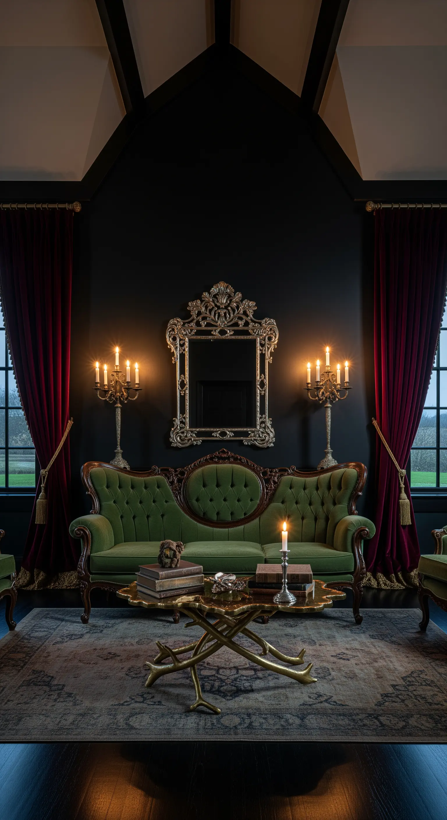Salotto gotico con pareti nere, divano antico verde, candelabri e tavolino in ottone a forma di rami.
