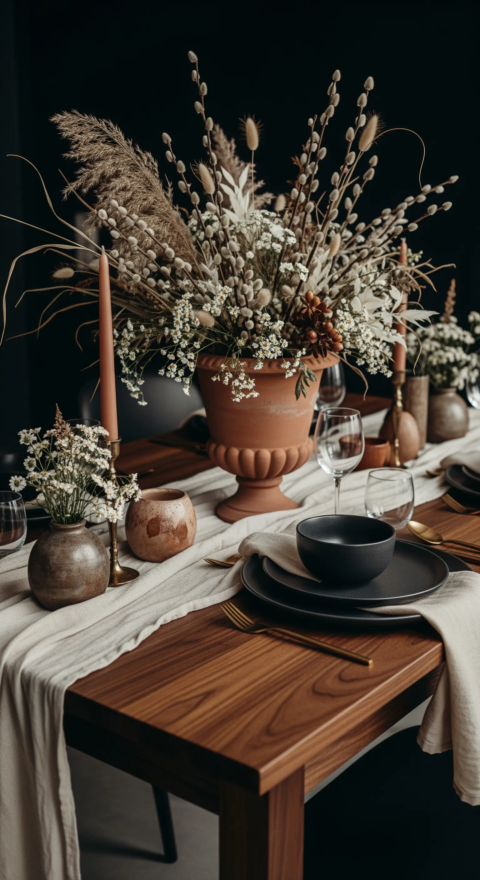 Tavola con runner in lino, piatti neri e un grande vaso in terracotta con fiori secchi