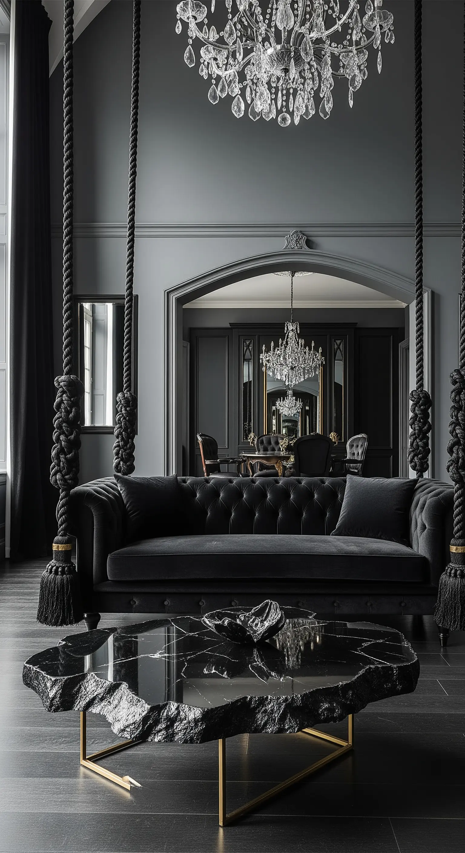 Divano Chesterfield nero sospeso con corde spesse in un salotto grigio scuro con lampadario.