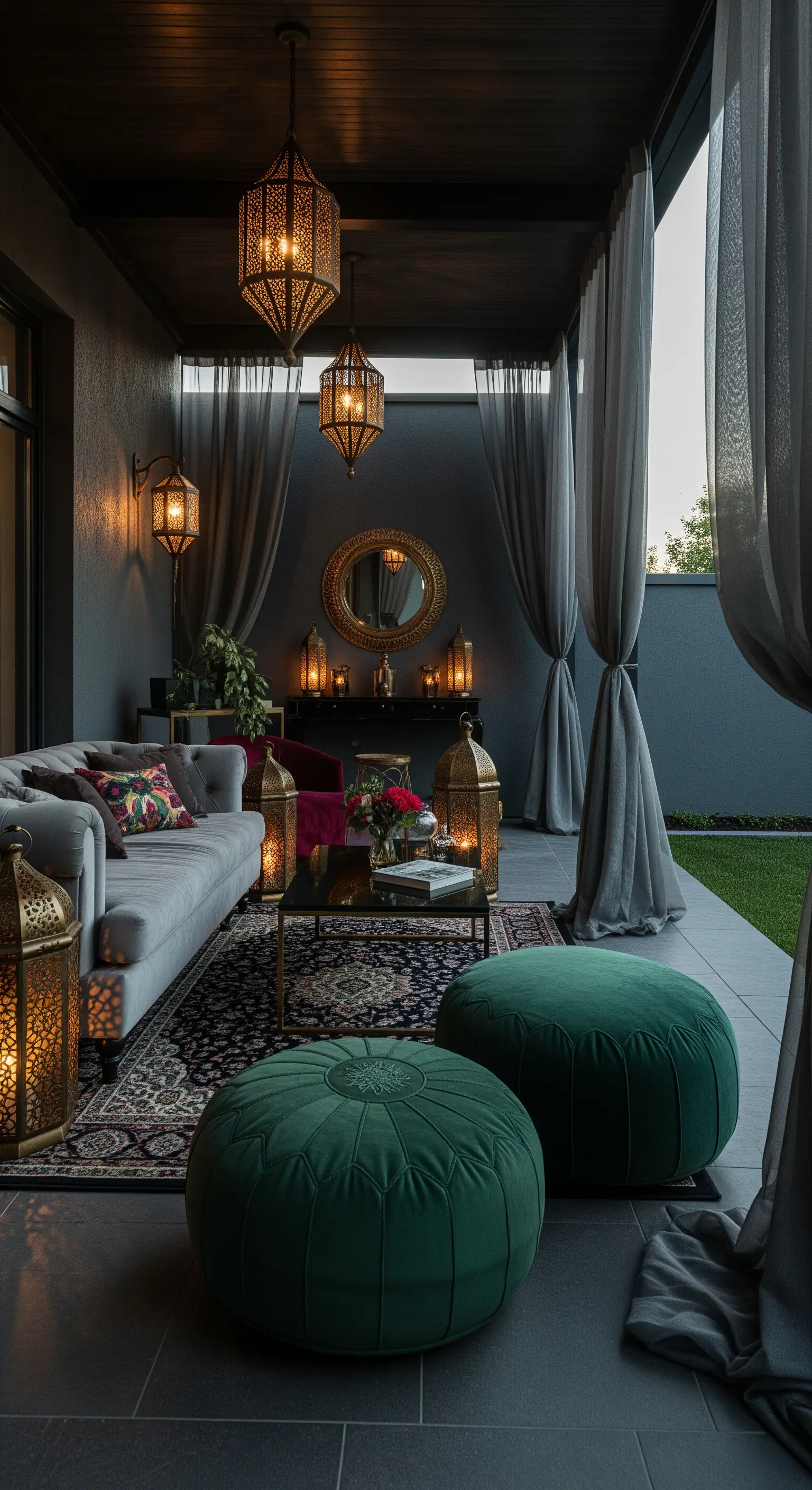 Veranda con pareti grigie, divano, pouf verdi e lanterne marocchine dorate.