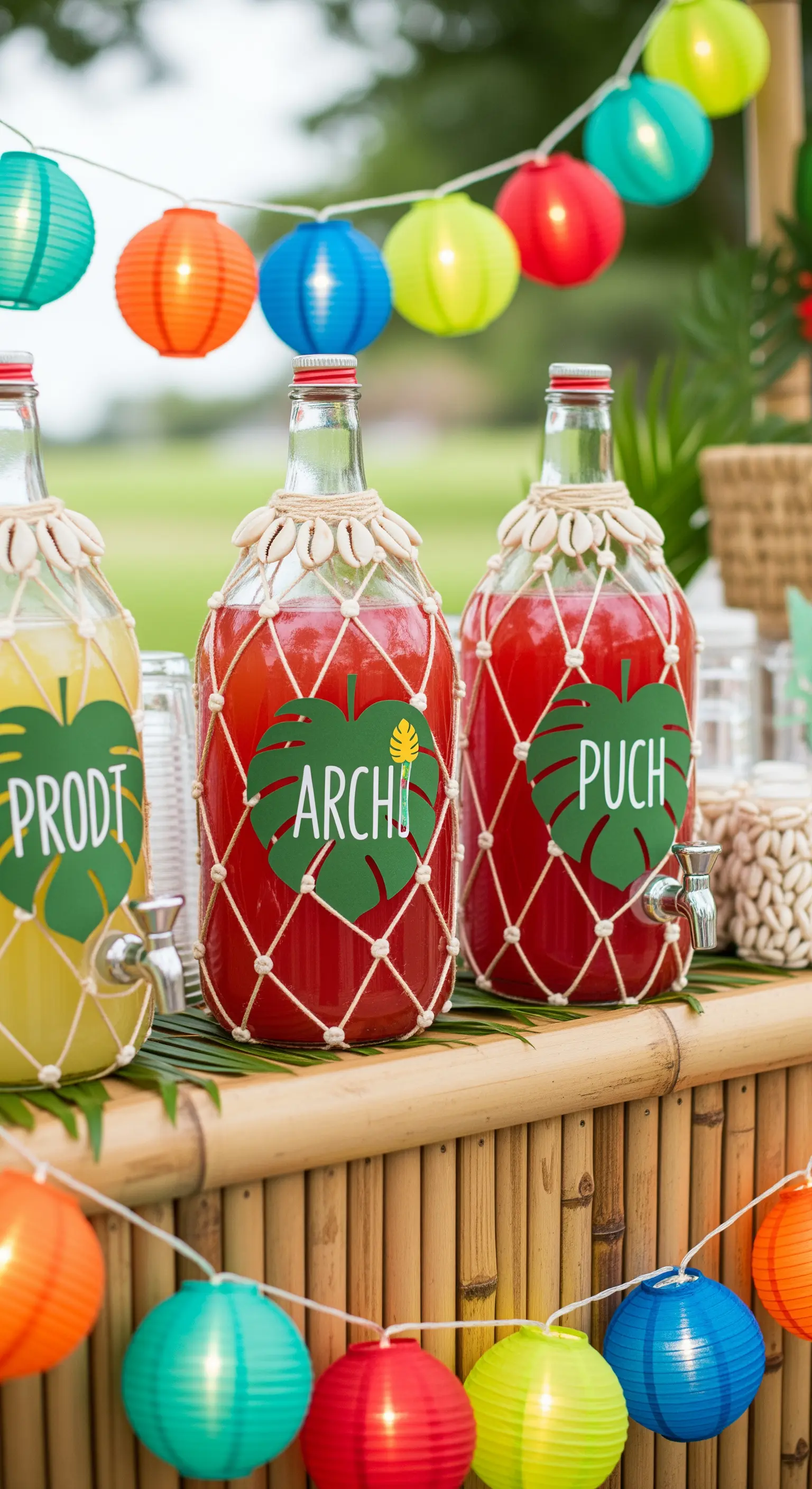 Bottiglioni per drink tropicali avvolti in una rete di corda e decorati con etichette a forma di foglia.