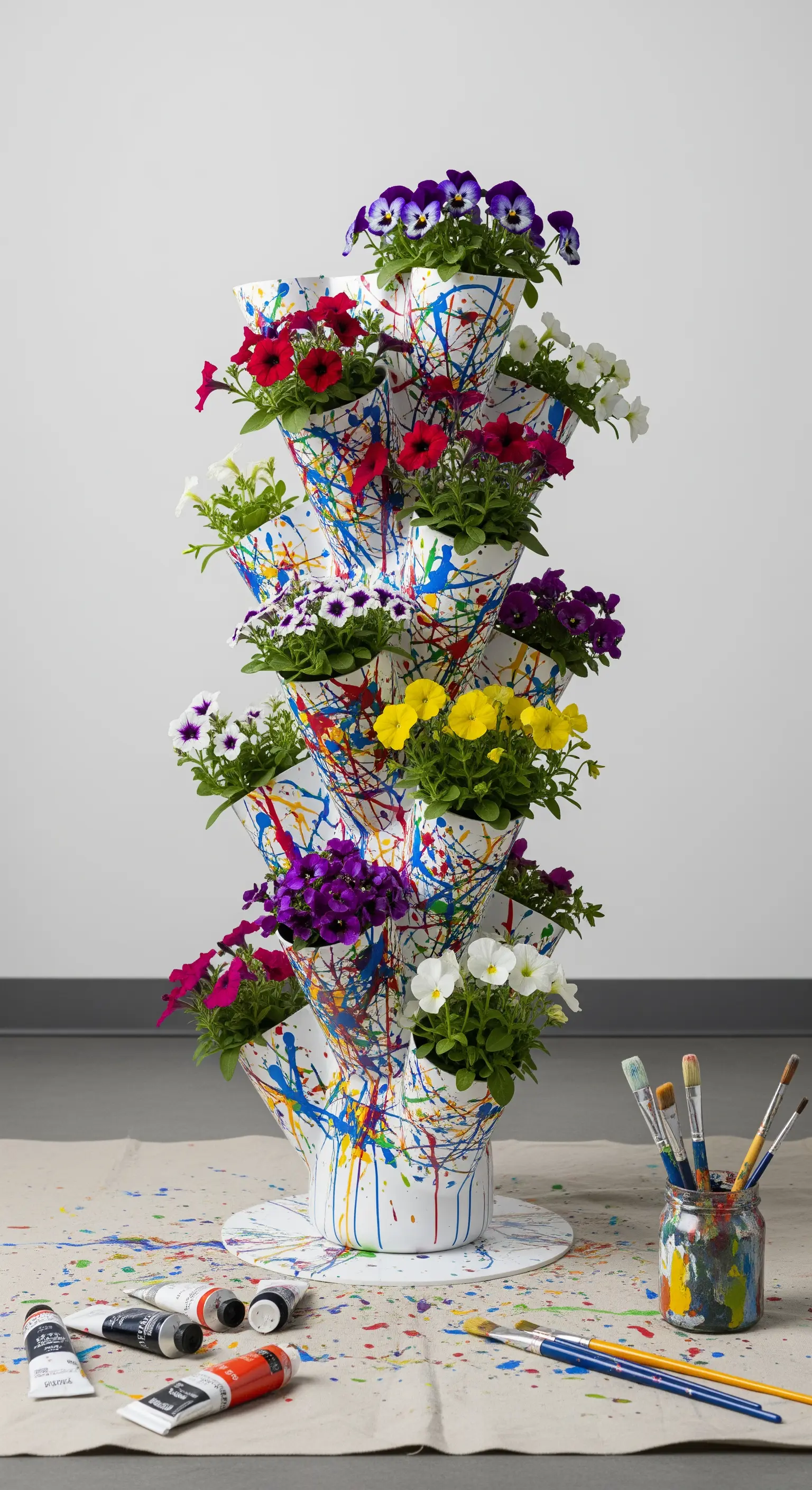 Torre bianca per piante con schizzi di vernice colorata in stile action painting.
