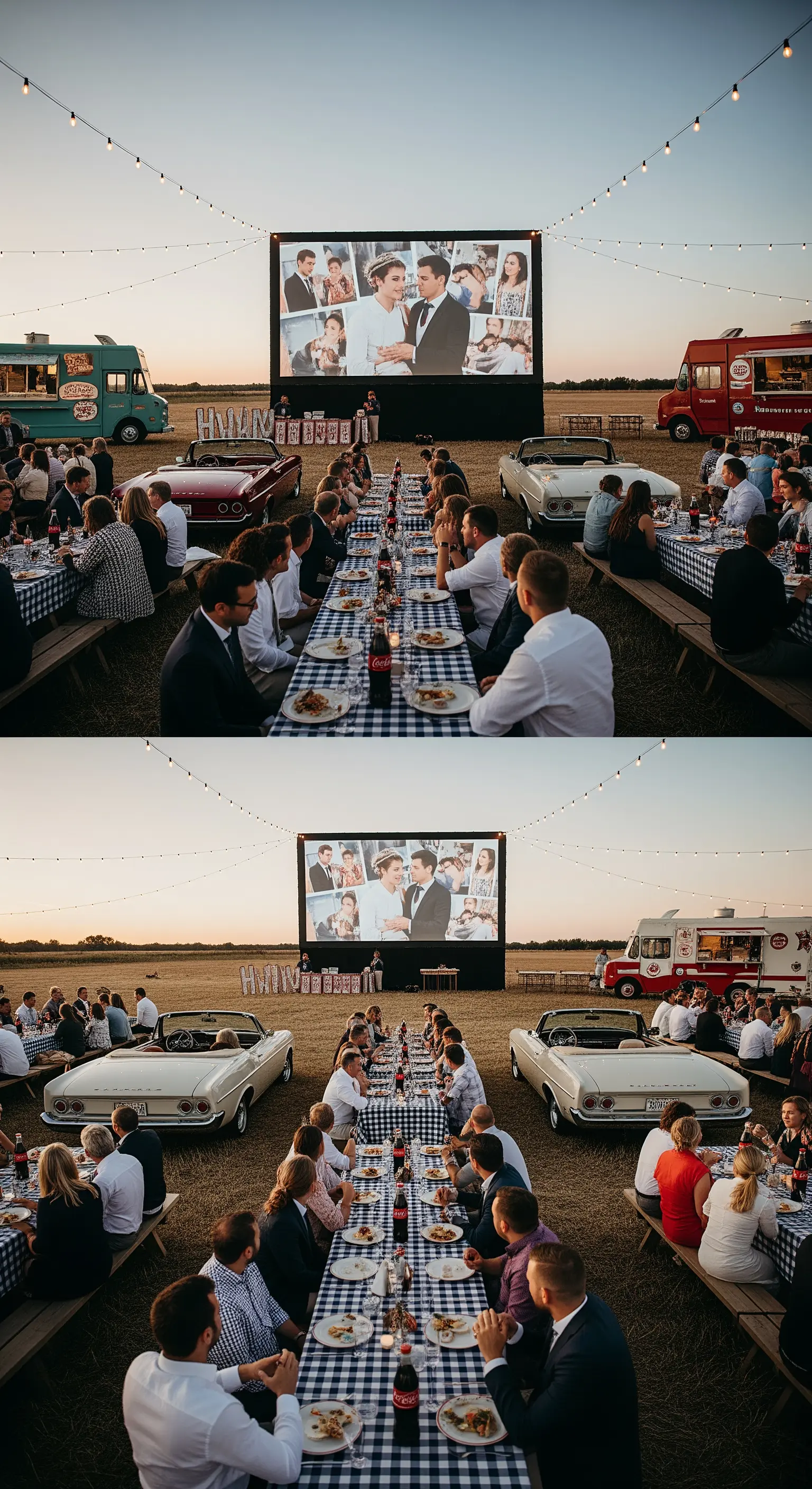Ricevimento di nozze all'aperto in stile drive-in con auto d'epoca e maxi-schermo