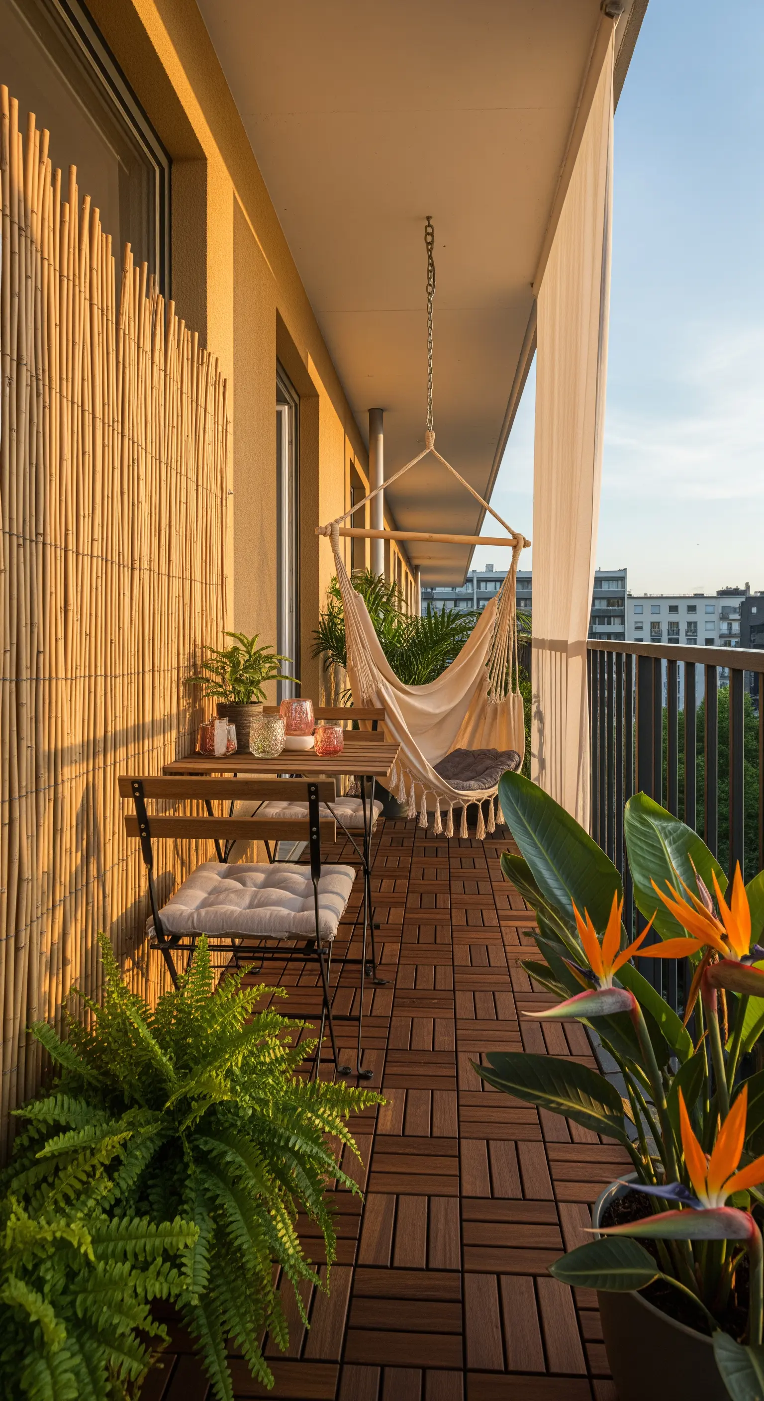 Balcone stretto con tavolino, sedie e un'amaca sospesa in cotone.