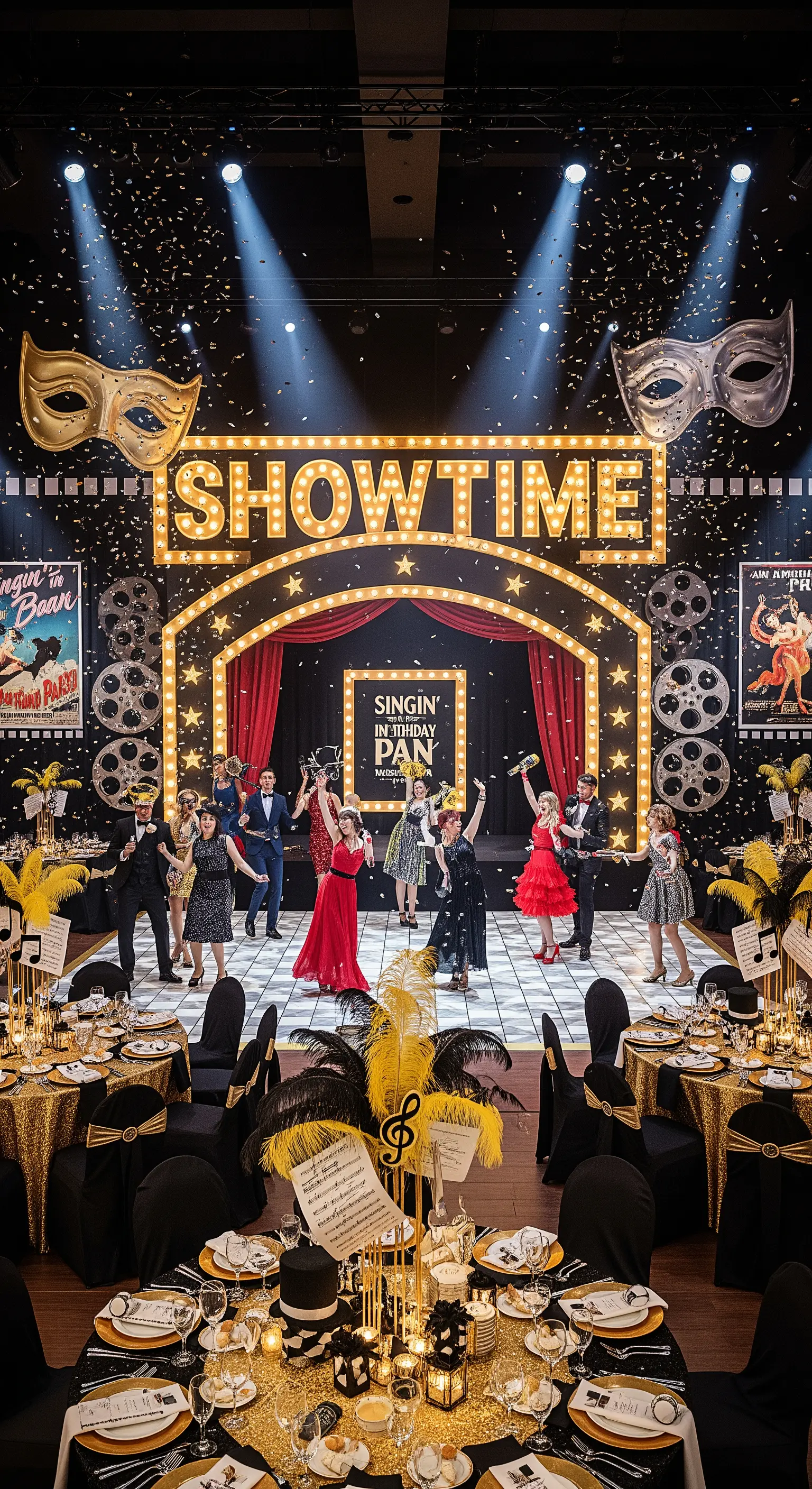 Festa a tema Showtime con palco, insegna luminosa e coriandoli.