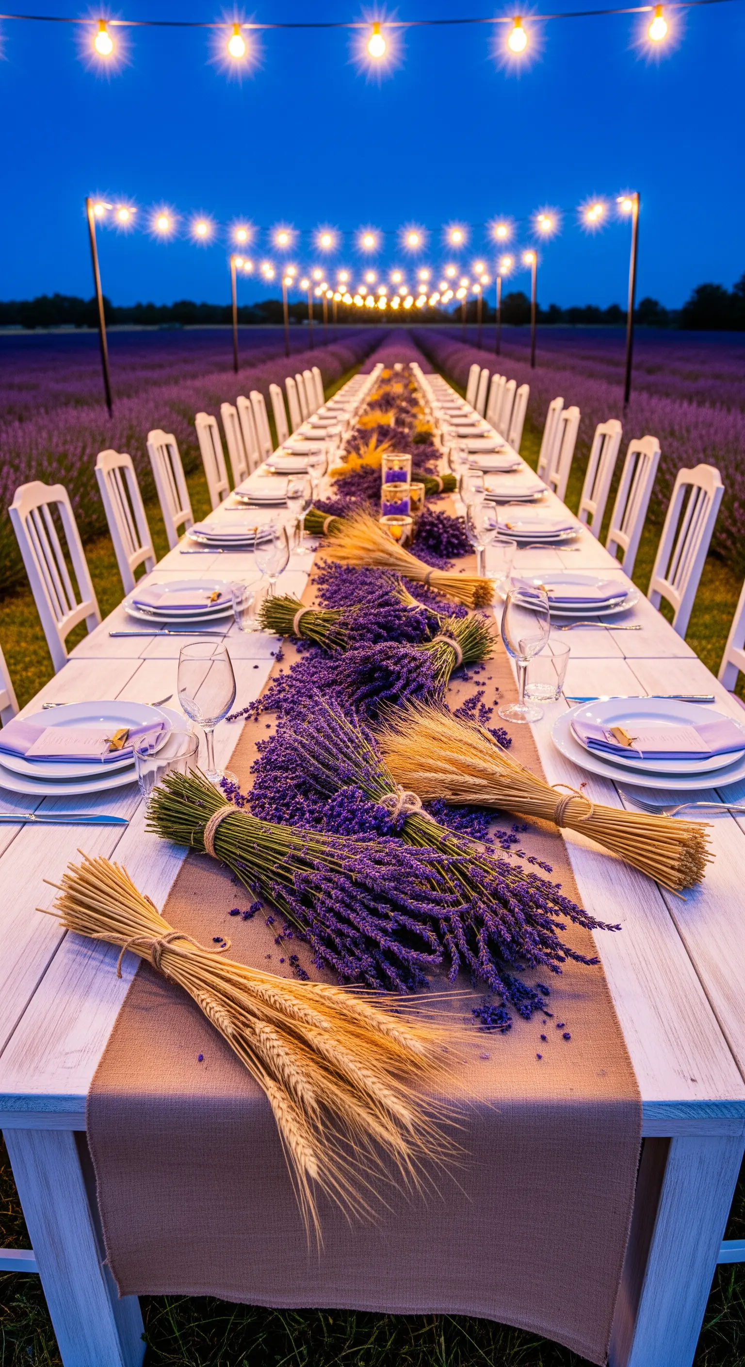 Tavolo imperiale in un campo di lavanda con runner di iuta, spighe e lavanda.