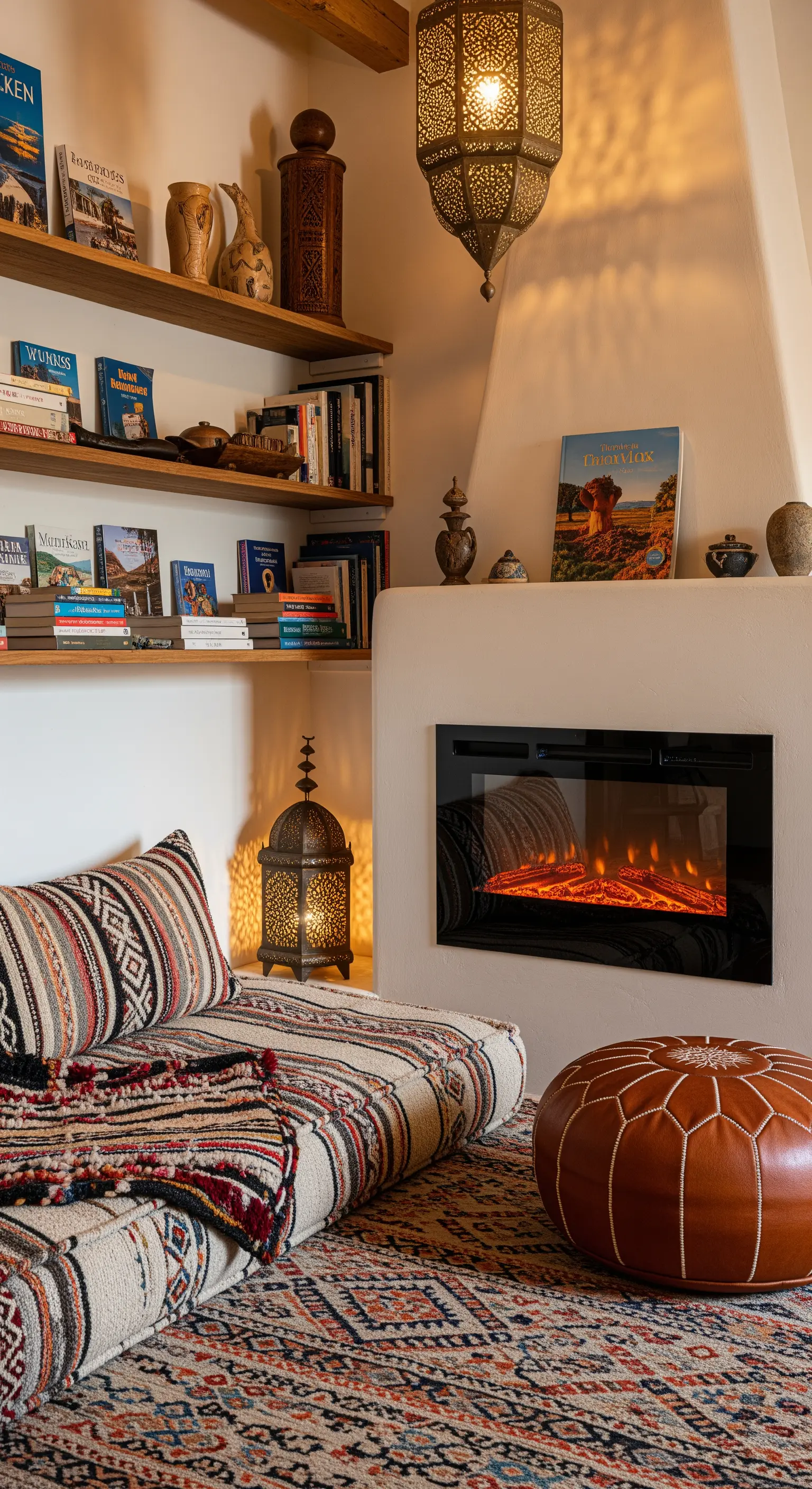 Angolo lettura in stile marocchino con sedute basse, lanterne traforate e tappeti kilim.