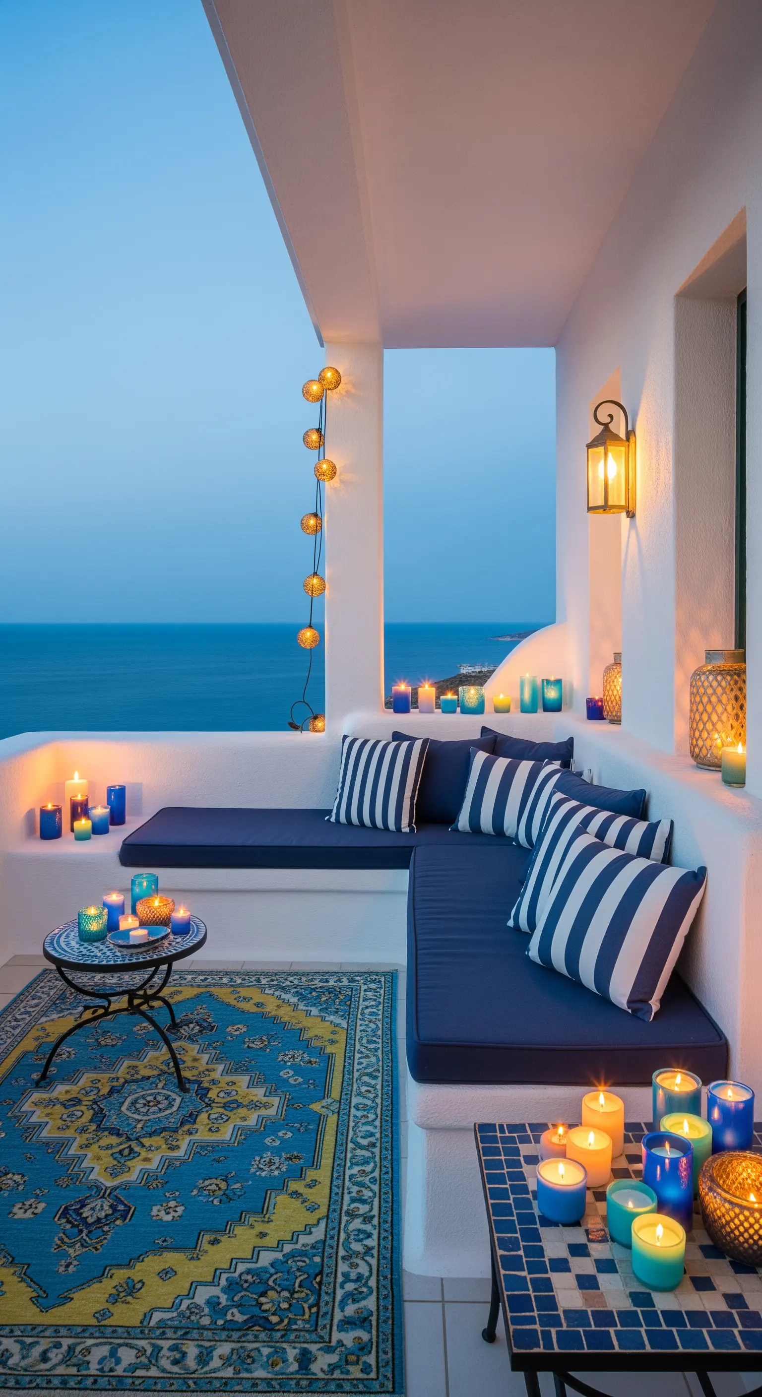 Terrazza in stile mediterraneo con cuscini a righe blu, mosaici e candele colorate.
