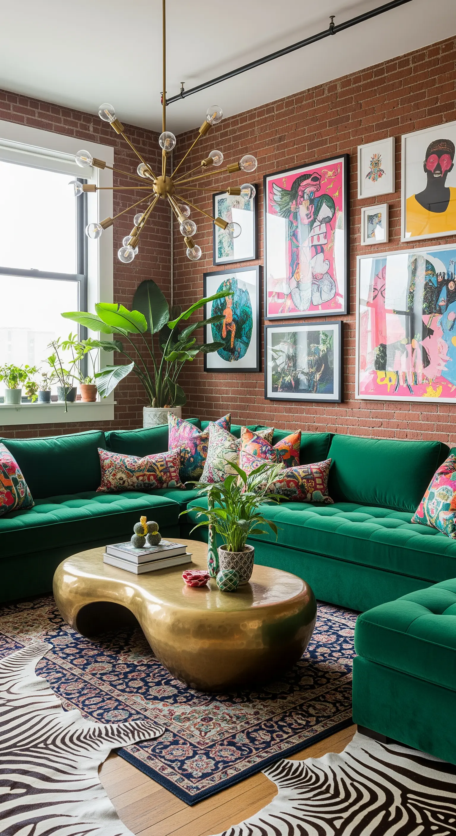 Soggiorno eclettico con divano angolare verde, parete di mattoni con gallery wall e tavolino organico in ottone.