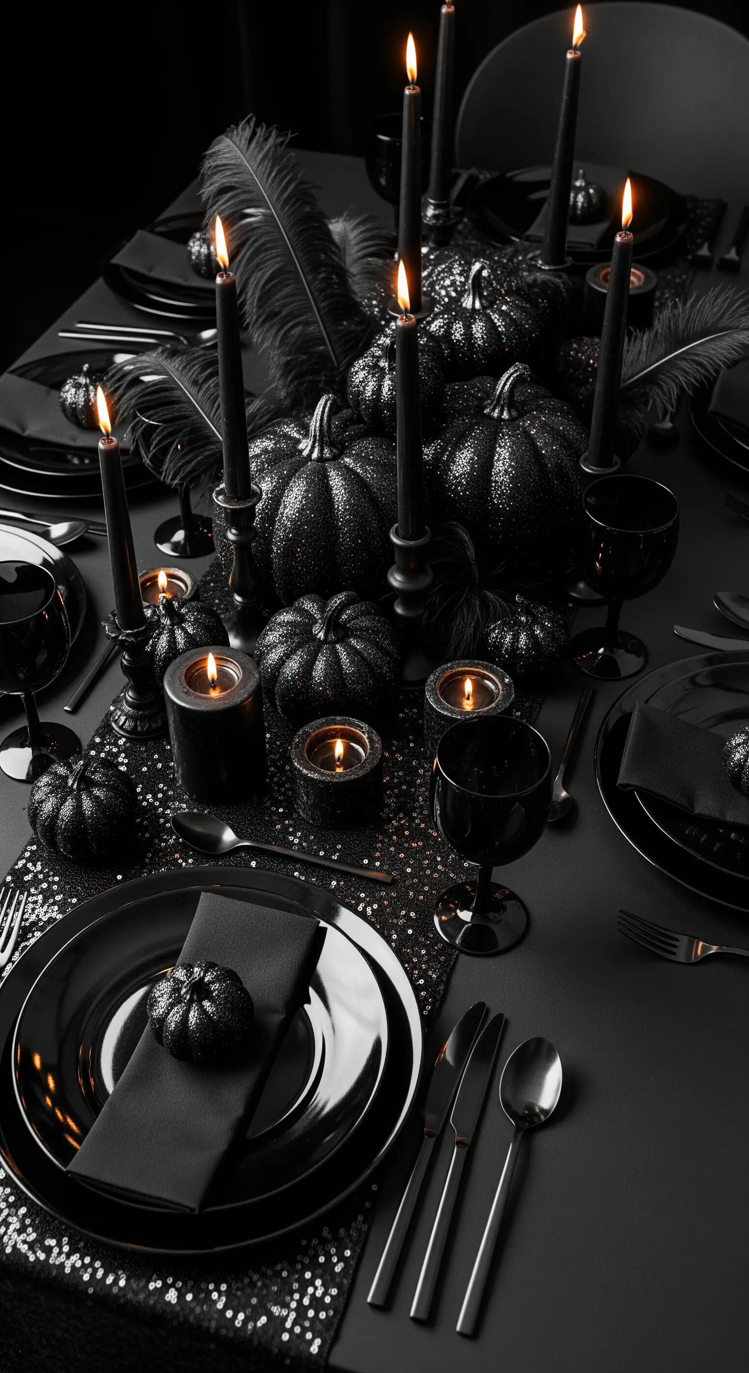 Tavola total black con zucche glitter, candele e stoviglie nere.