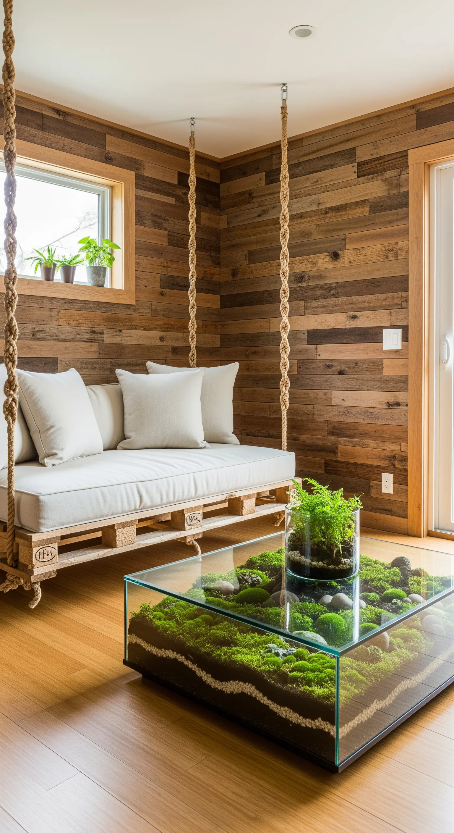 Divano sospeso fai-da-te realizzato con un pallet e un tavolino-terrario in vetro.