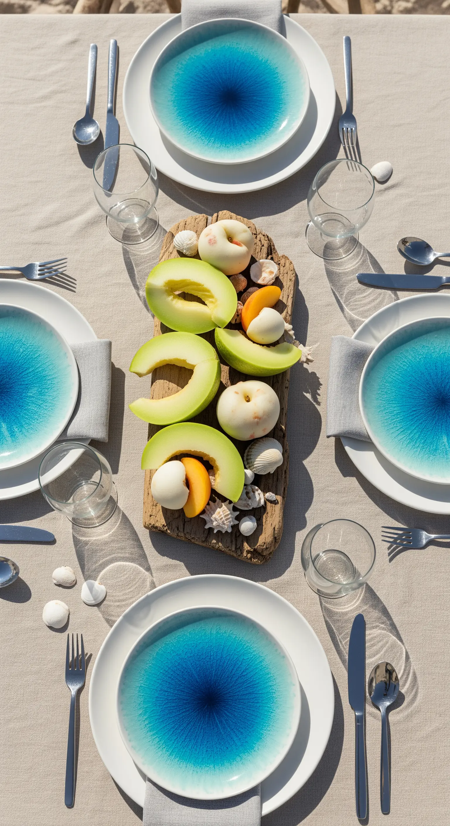 Tavola ispirata al mare con piatti blu e centrotavola in legno.