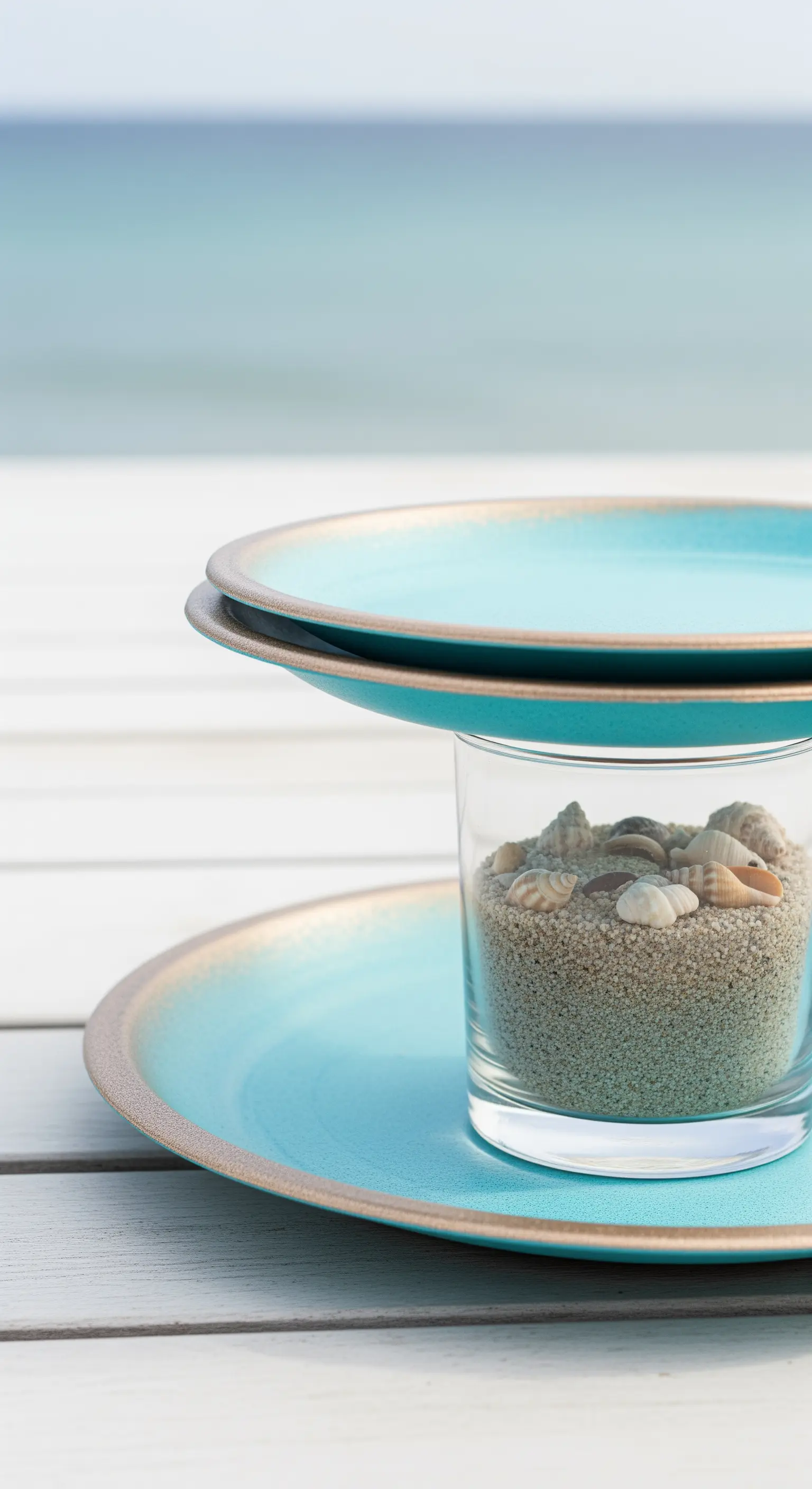 Alzata a due piani con base in vetro riempita di sabbia e conchiglie e piatti turchesi