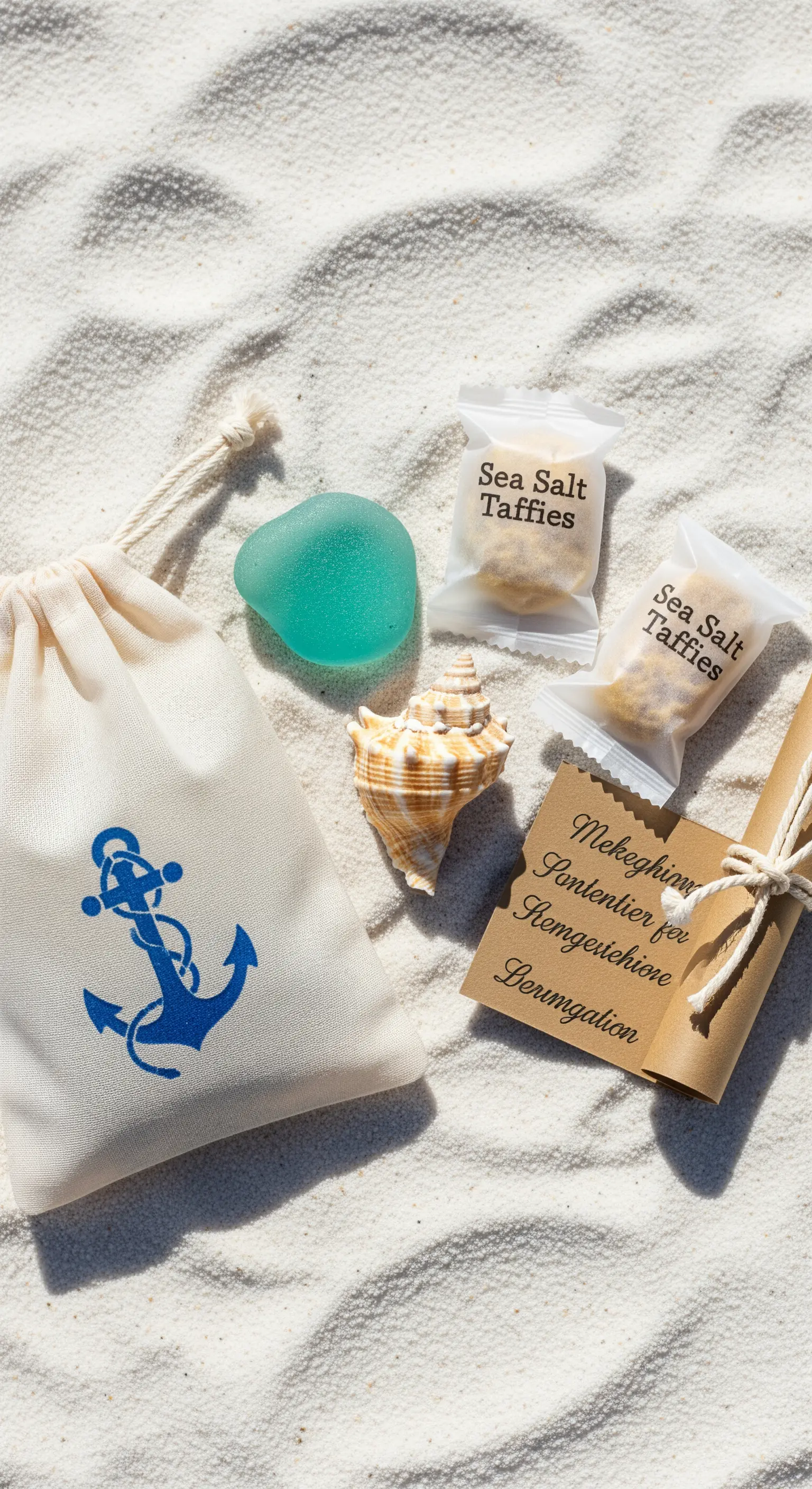 Sacchettino a tema nautico su sabbia bianca con conchiglia e caramelle al sale.