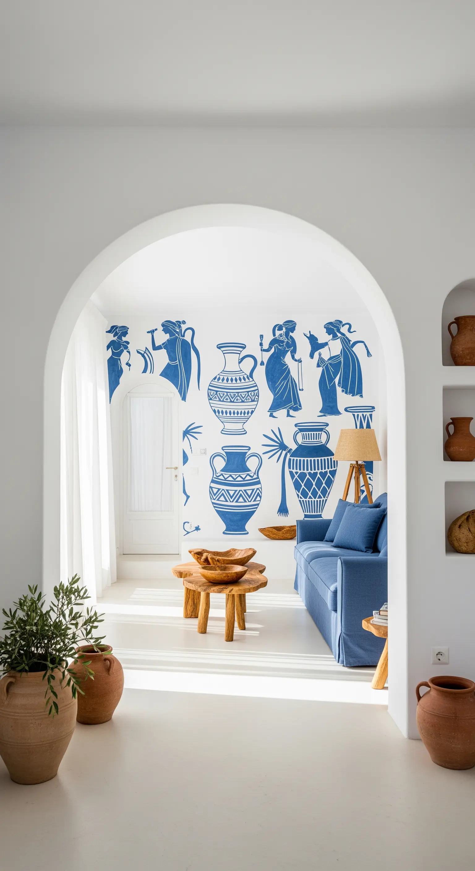 Soggiorno in stile greco con murale blu su parete bianca e divano in lino blu.