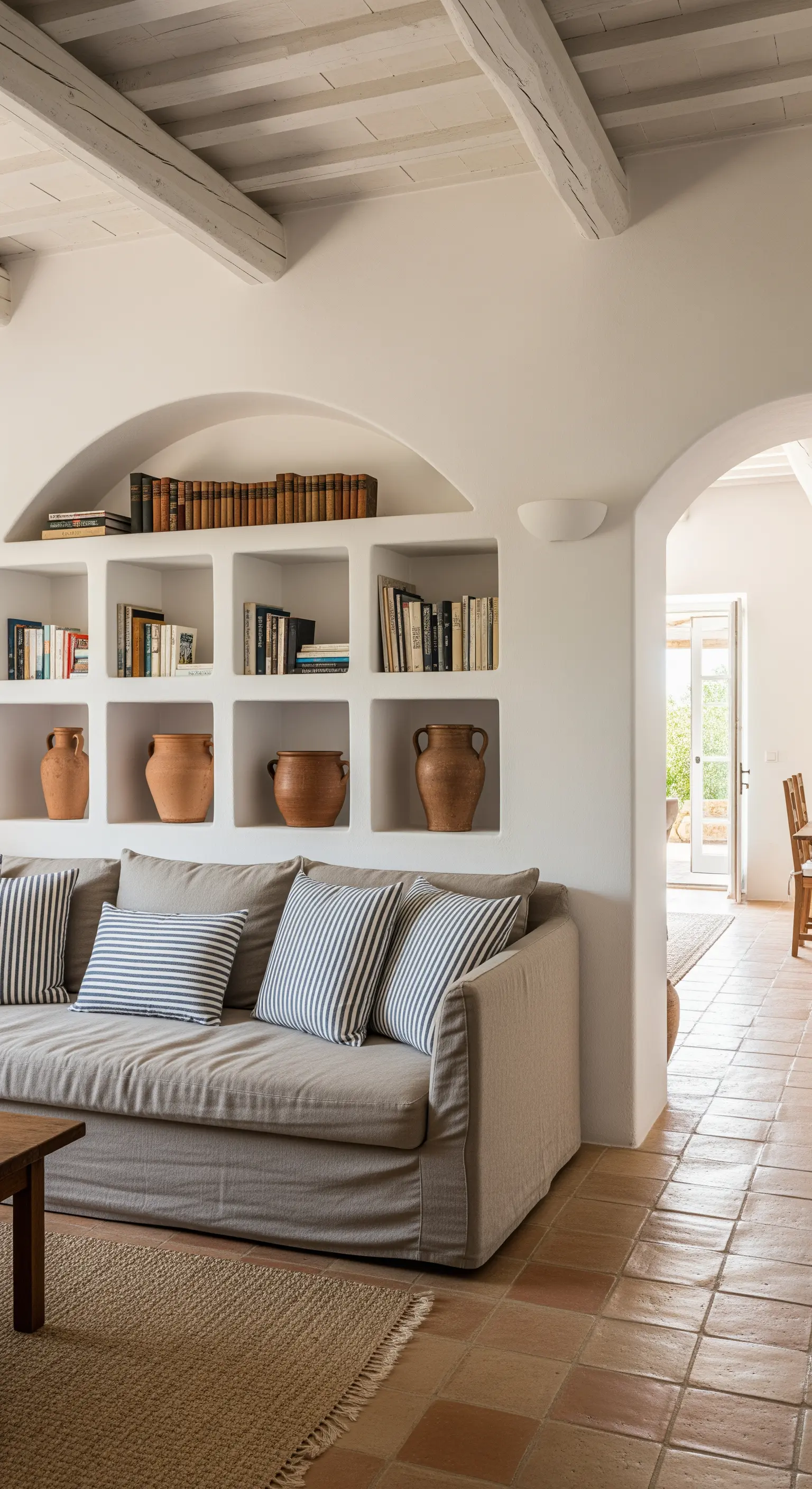 Libreria a nicchie in muratura in un salotto mediterraneo con divano in lino.