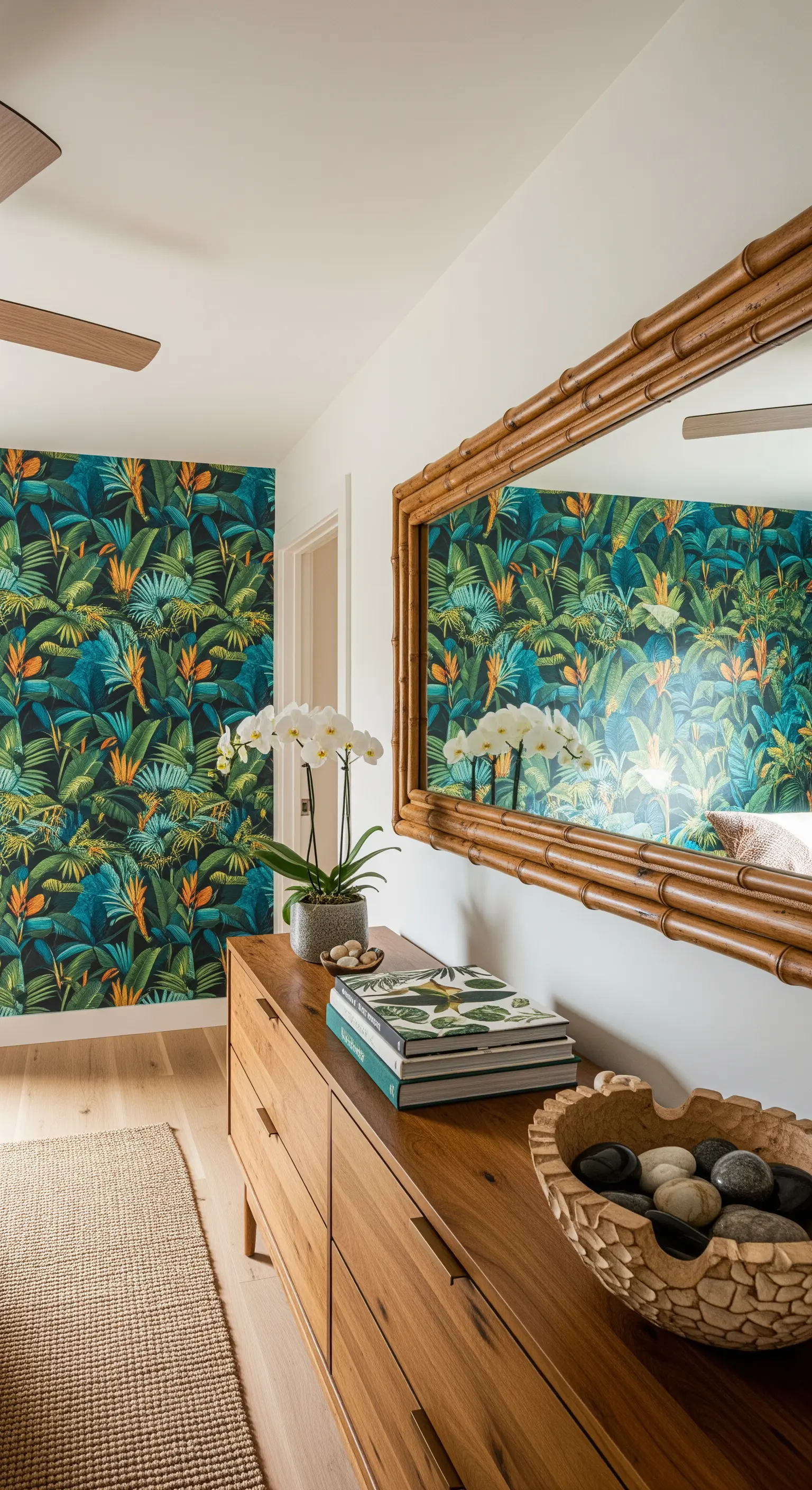 Specchio con cornice in bambù che riflette una carta da parati a tema giungla.