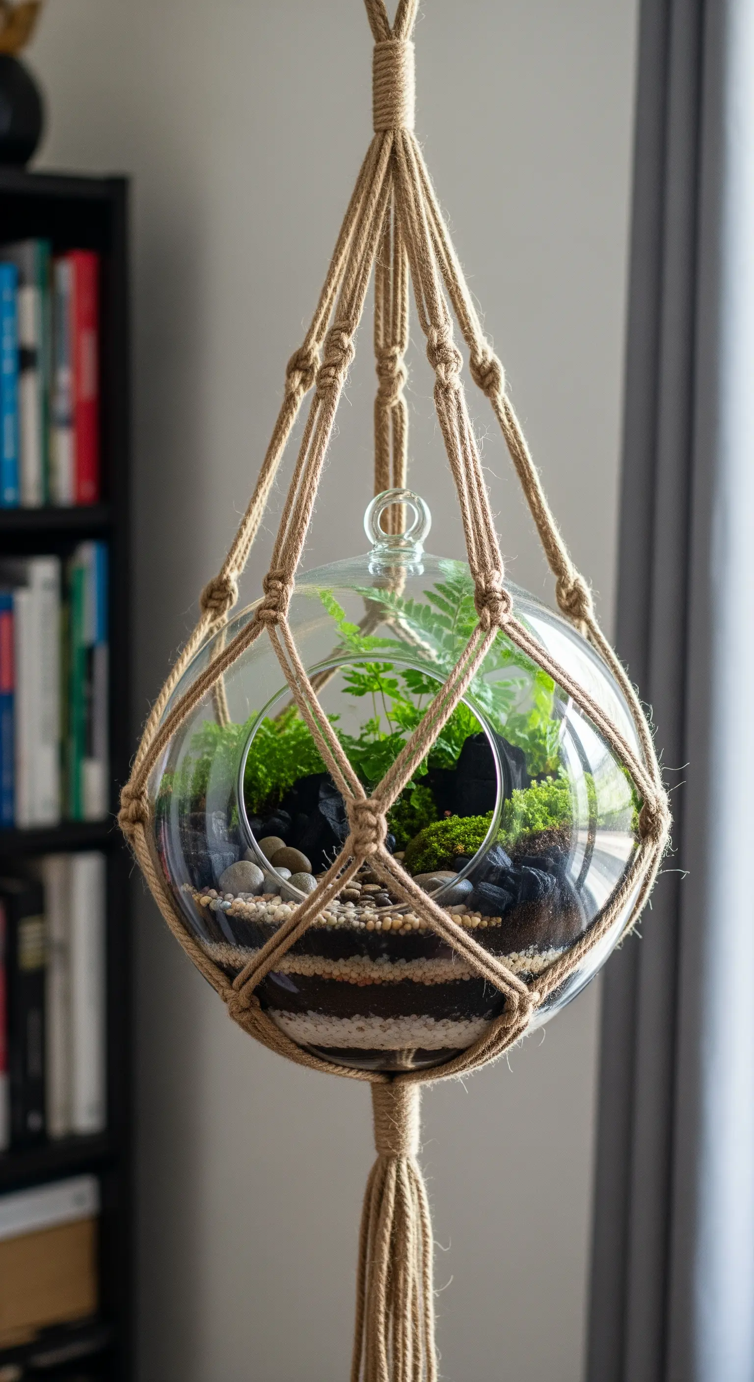 Grande terrario sferico di vetro sostenuto da un robusto portavasi in macramè di iuta.