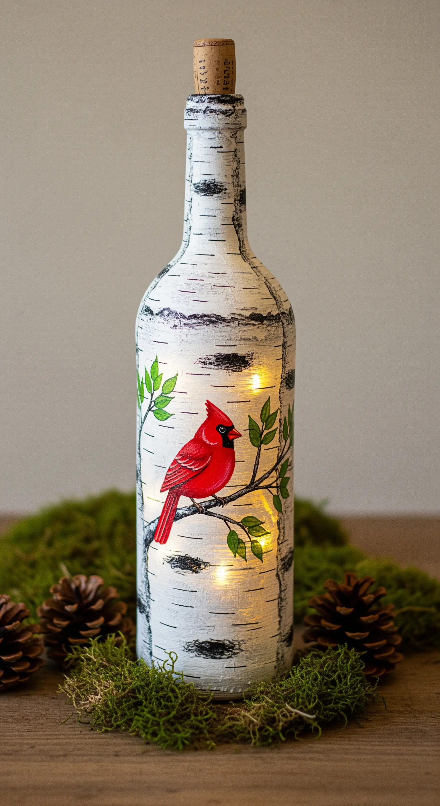 Bottiglia dipinta per assomigliare alla corteccia di betulla, con un cardinale rosso disegnato.