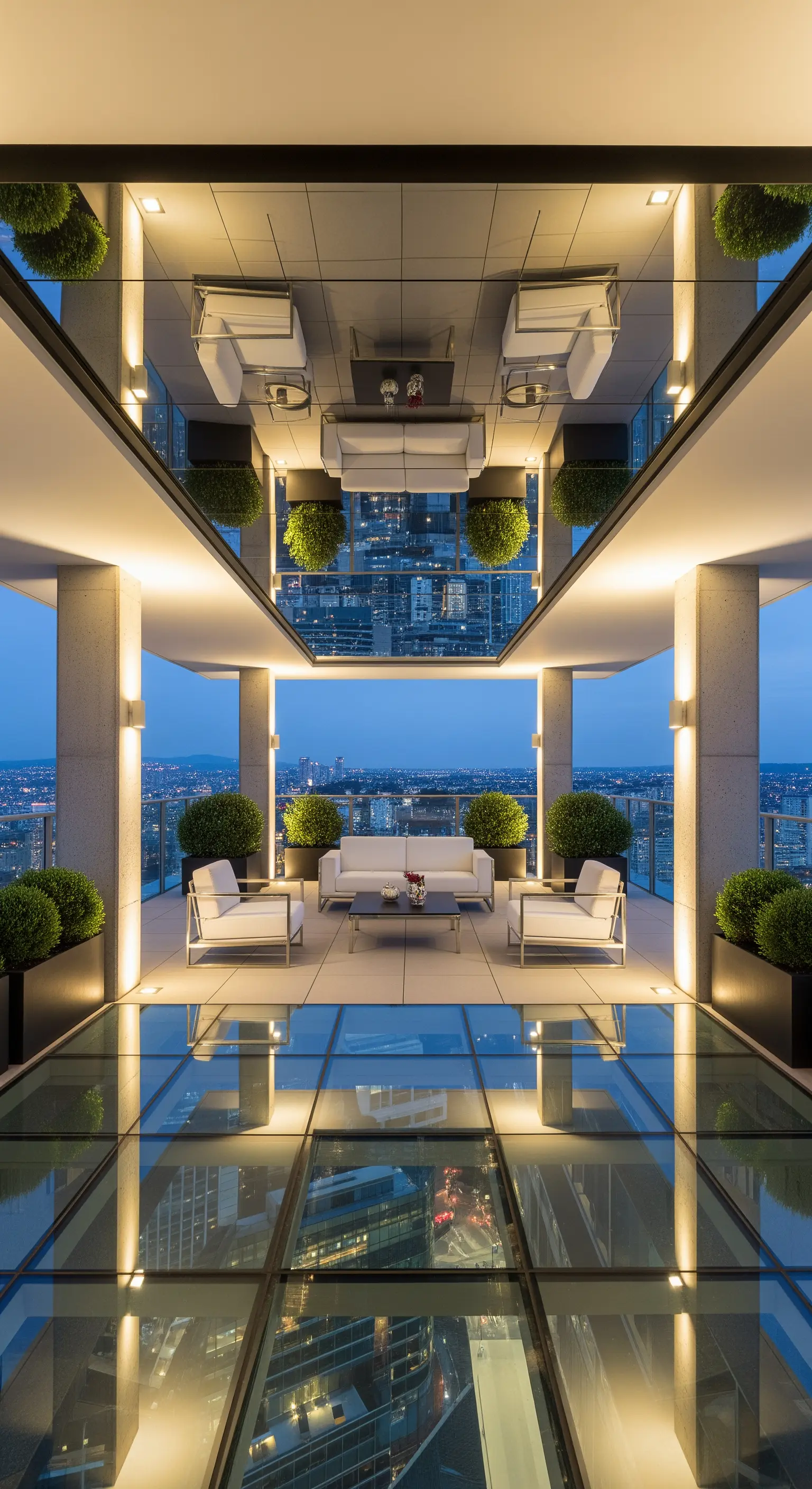 Terrazza moderna con pavimento in vetro e soffitto a specchio che creano un riflesso infinito.