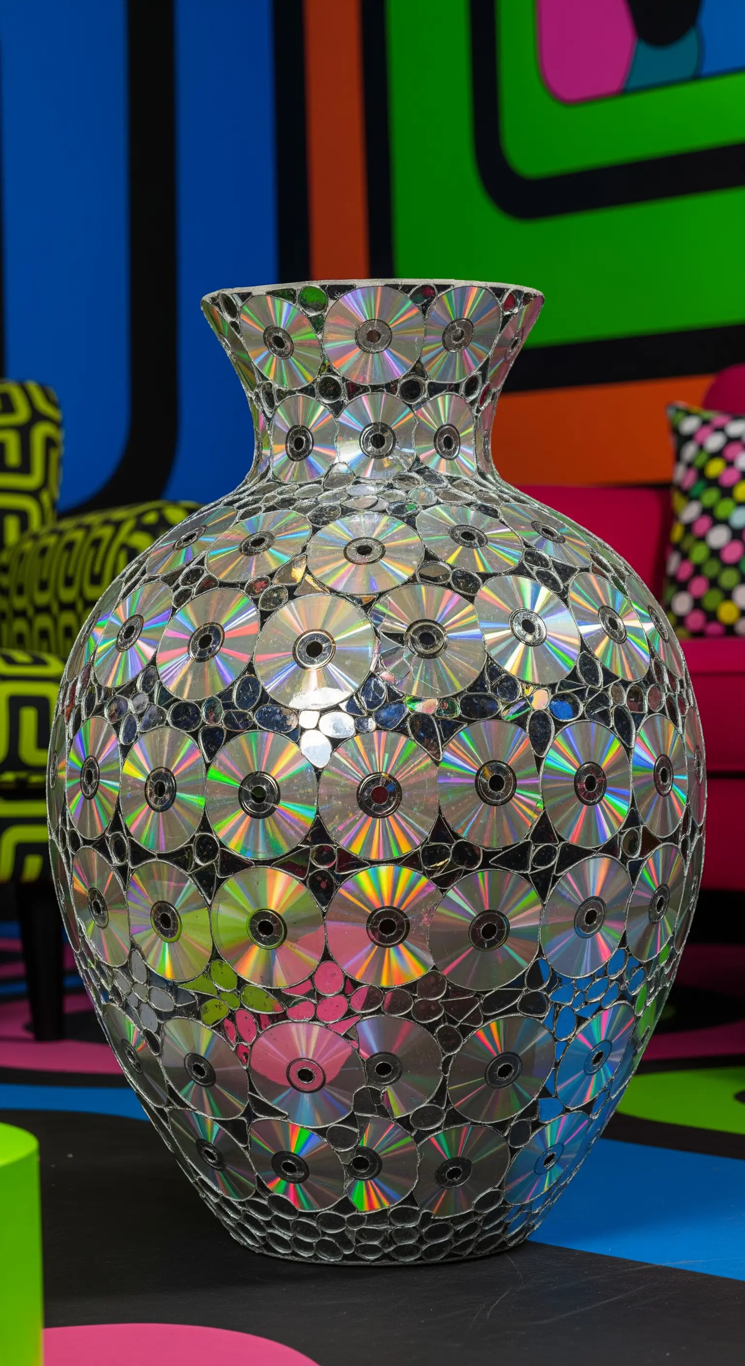 Grande vaso arrotondato interamente ricoperto con un mosaico di CD e DVD riciclati, effetto olografico.