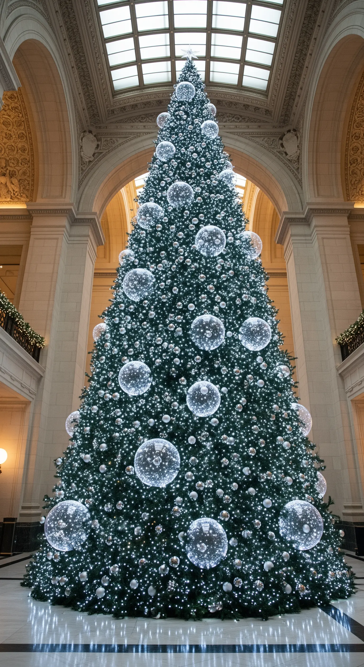 Albero di Natale monumentale con innumerevoli luci e gigantesche sfere di vetro illuminate dall'interno