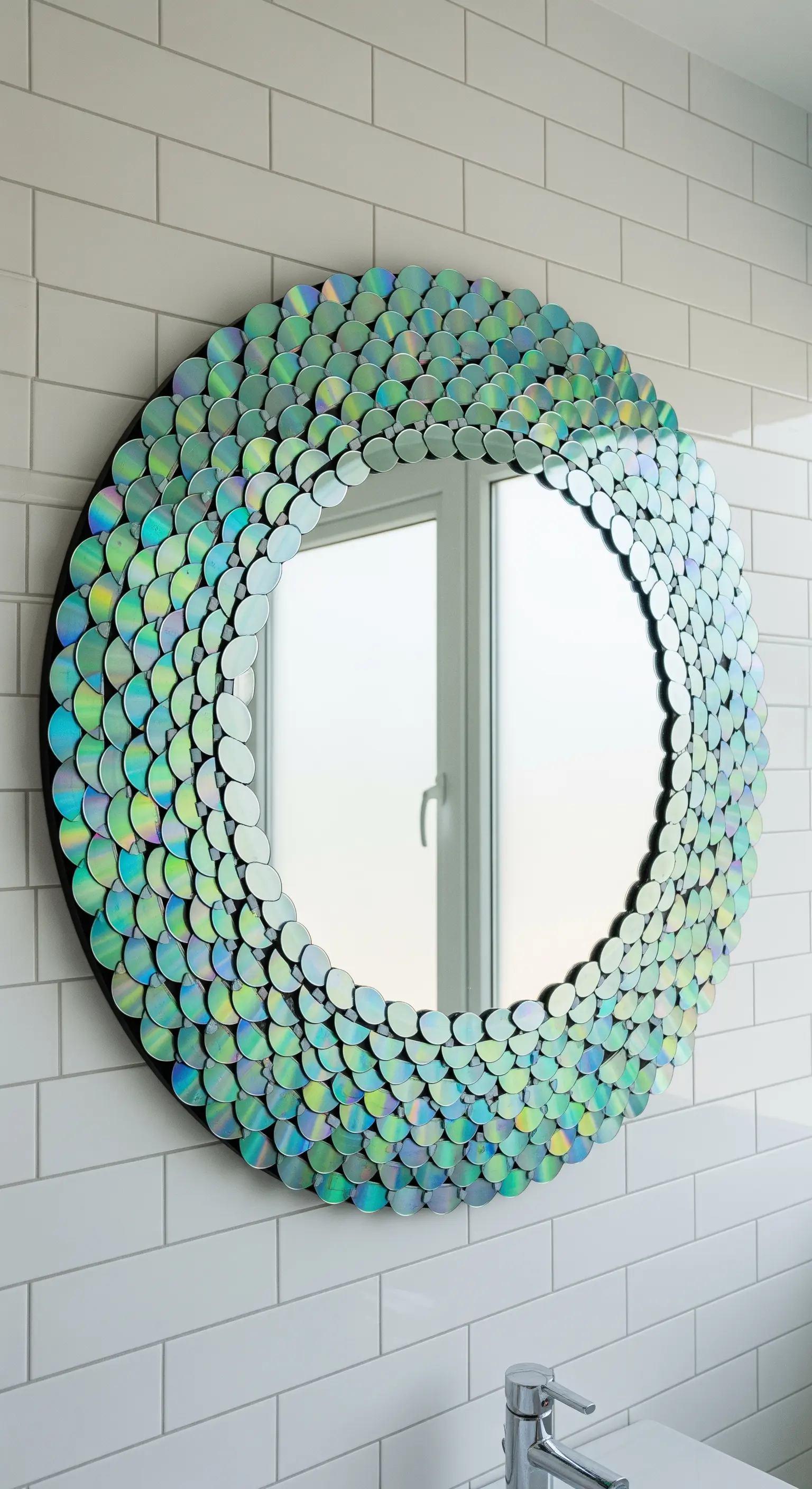 Specchio rotondo con cornice a mosaico che imita le squame di pesce, con riflessi verdi e blu.